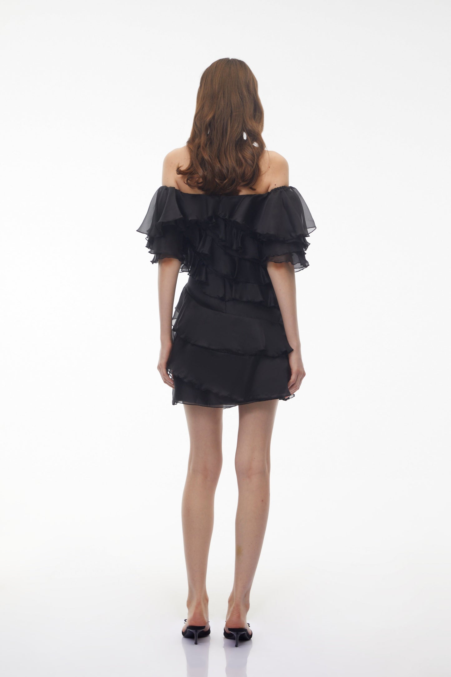 Cerise Asymmetrical Flounce Mini Dress in Black