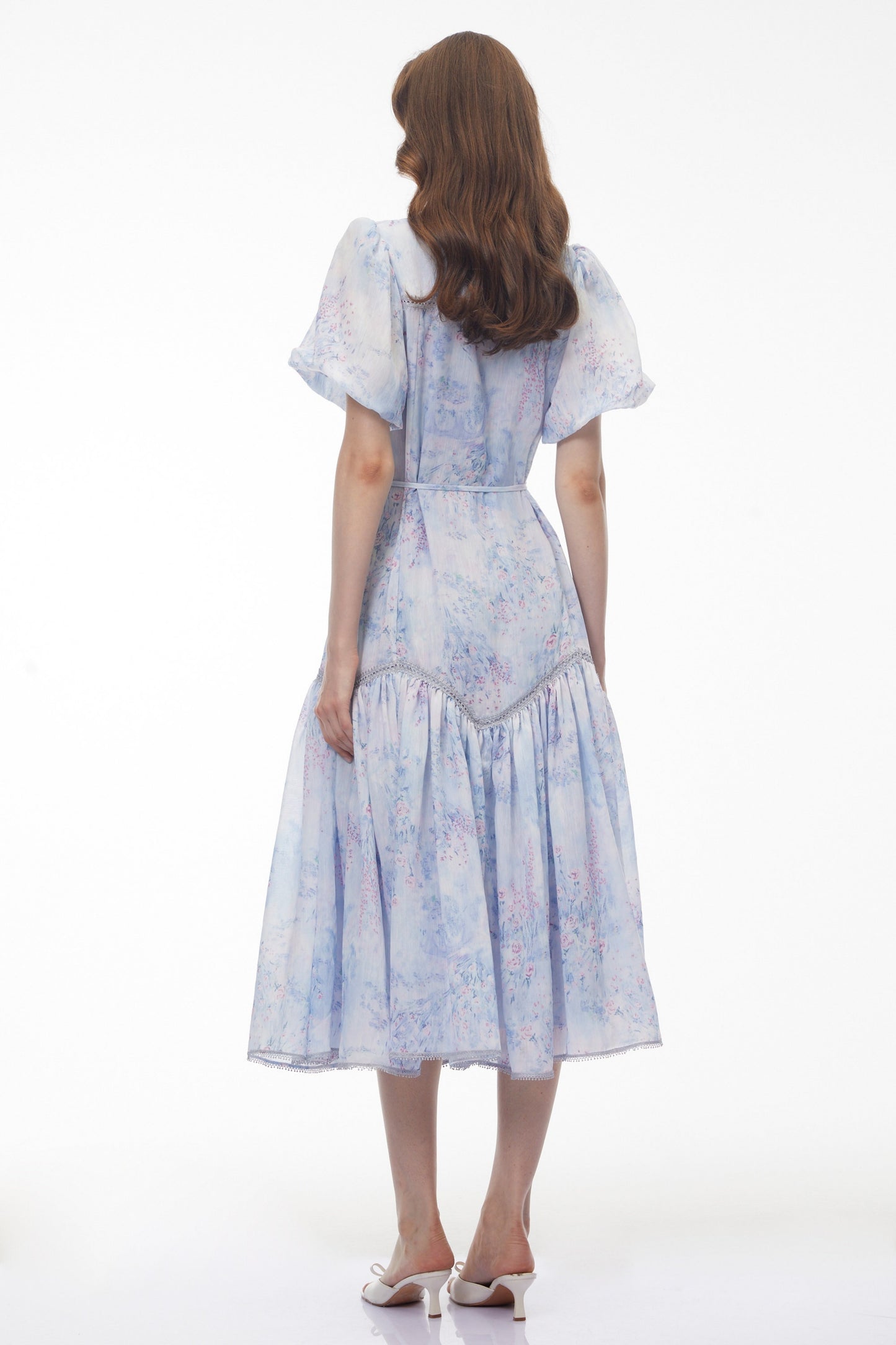 Beryl Blue Floral Print Ruched Midi Dress