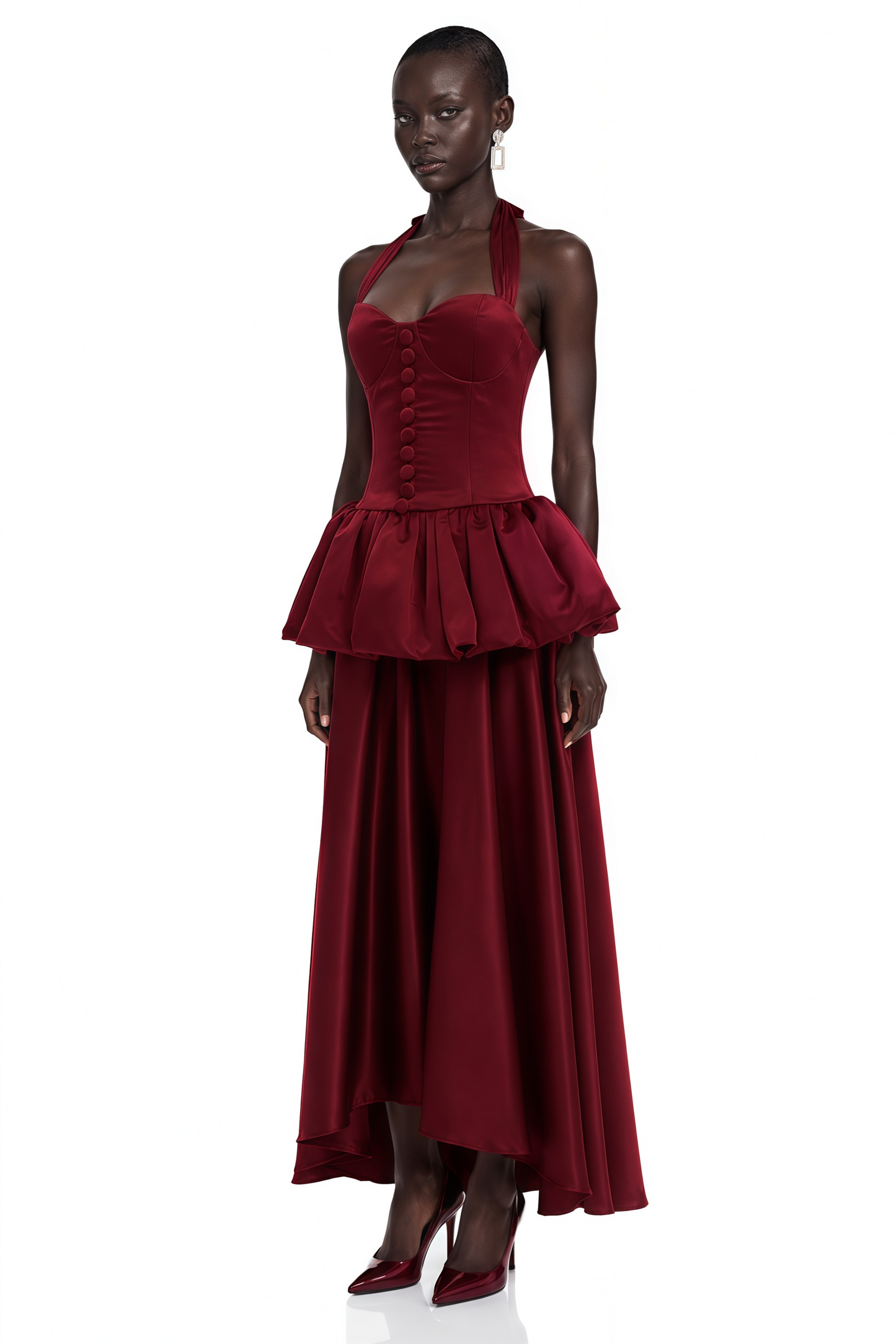 Bilun Burgundy Halterneck Bubble Maxi Dress