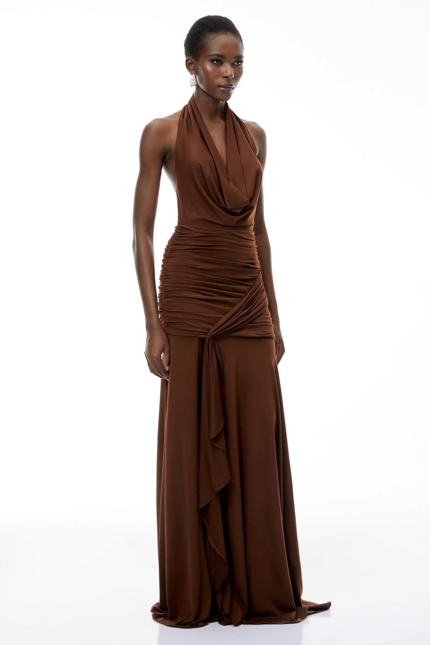 Brianna Chocolate Brown Halterneck Ruched Maxi Dress