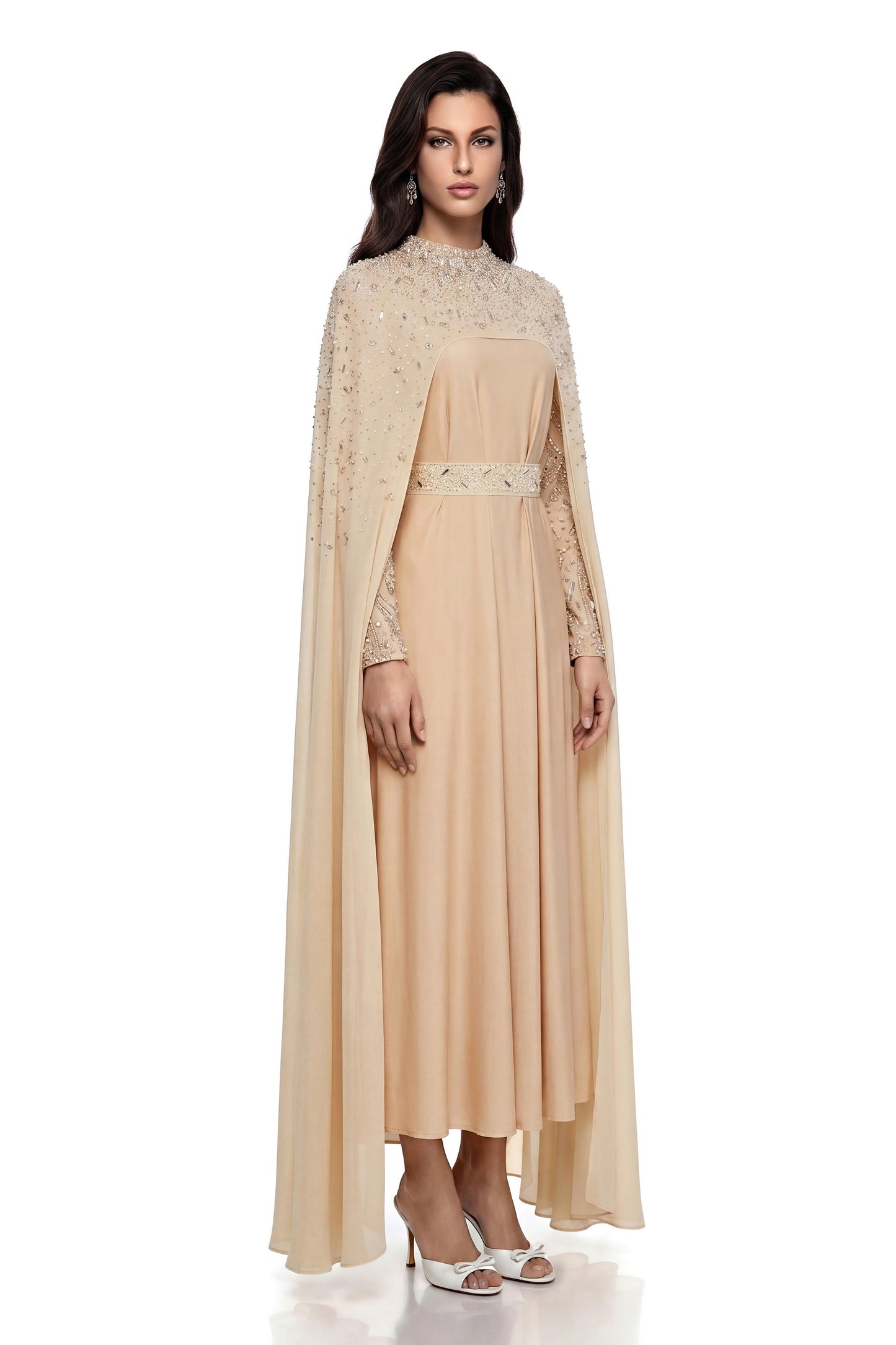 Briseis Champagne Rhinestone Beaded Cape Maxi Dress