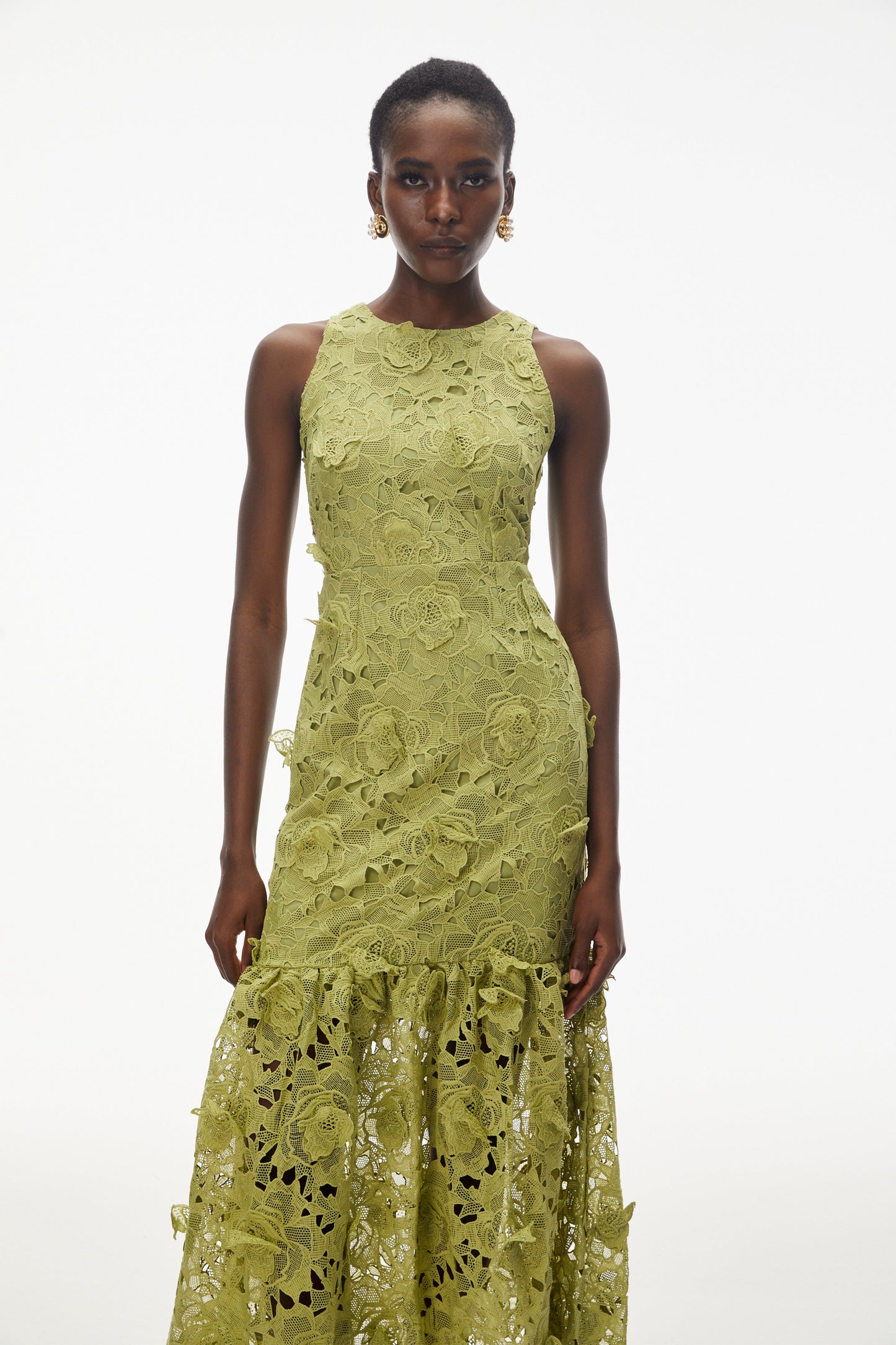 Briseis Olive Green Midi Dress with 3D Florals