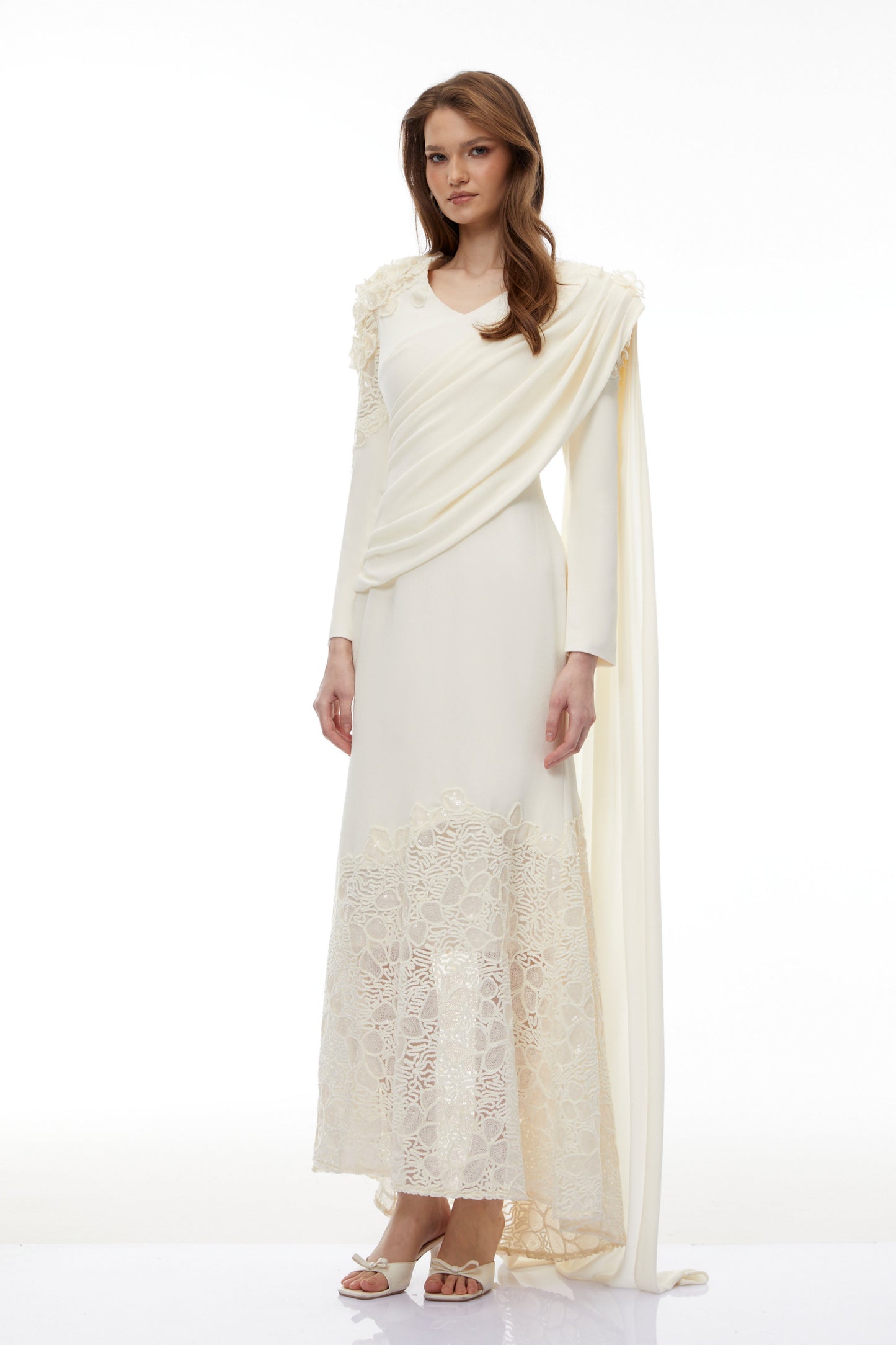 Calanthe Champagne Floral Lace Maxi Dress with Ribbon Detail