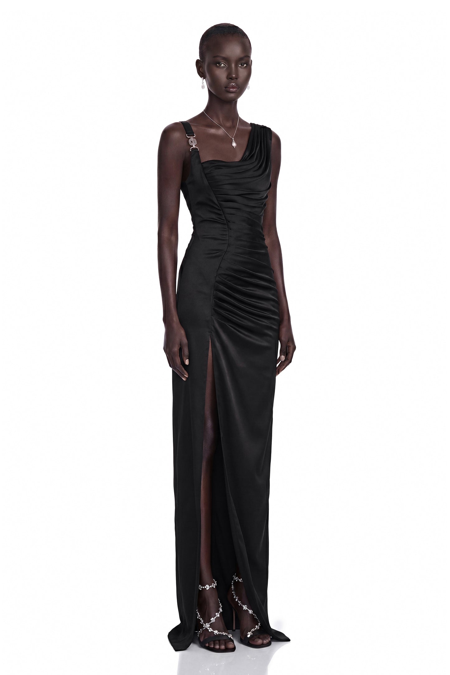 Calliope Siyah Asimetrik Dantelli Maxi Elbise