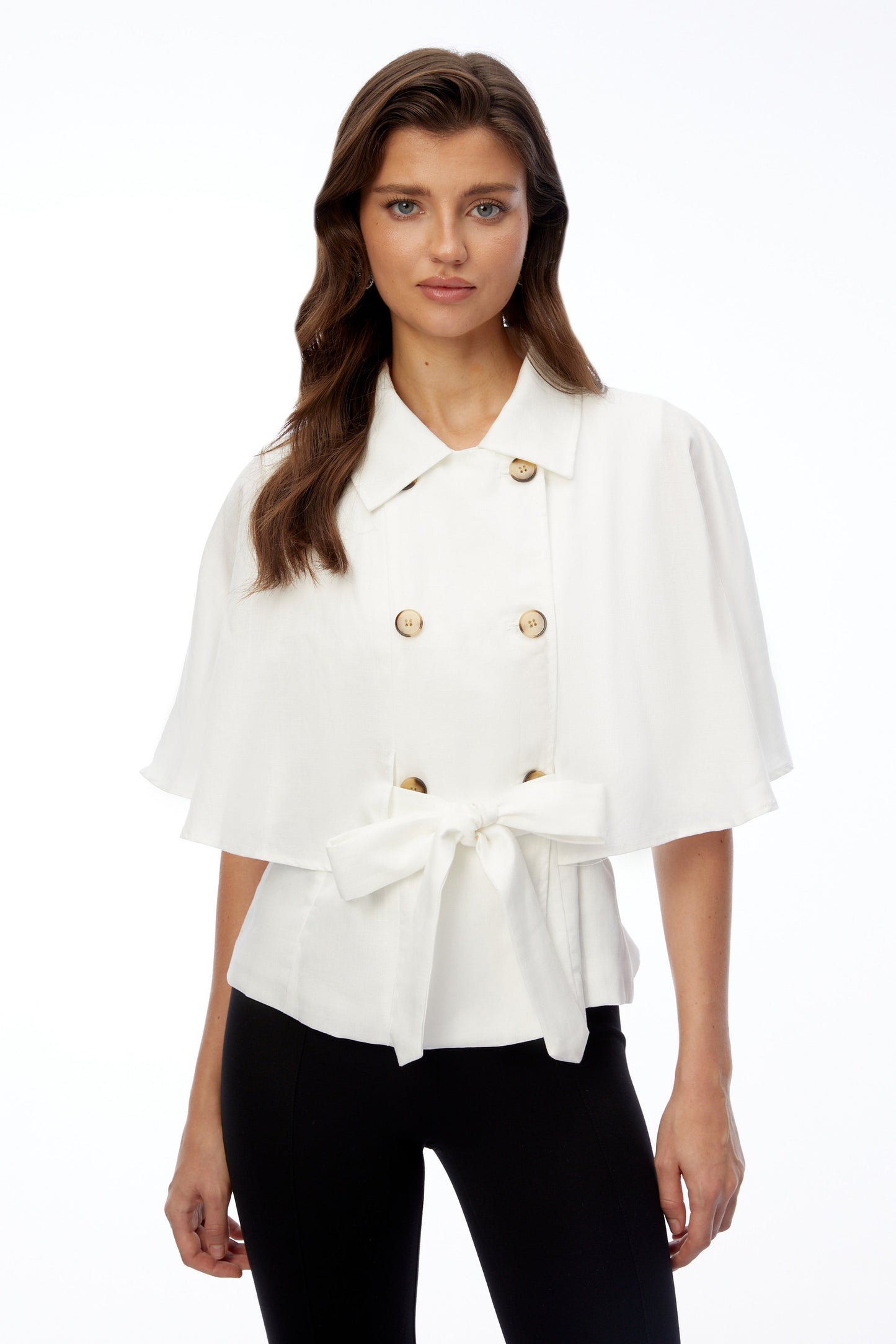 Camila White Button Down Coat with Cape Sleeves