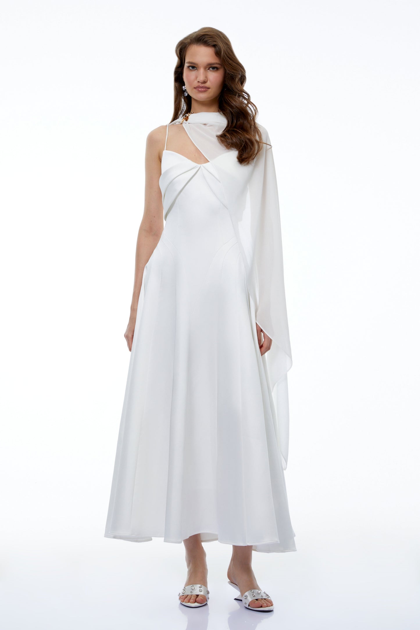 Camille White Sleeveless Maxi Dress with Draped Cape