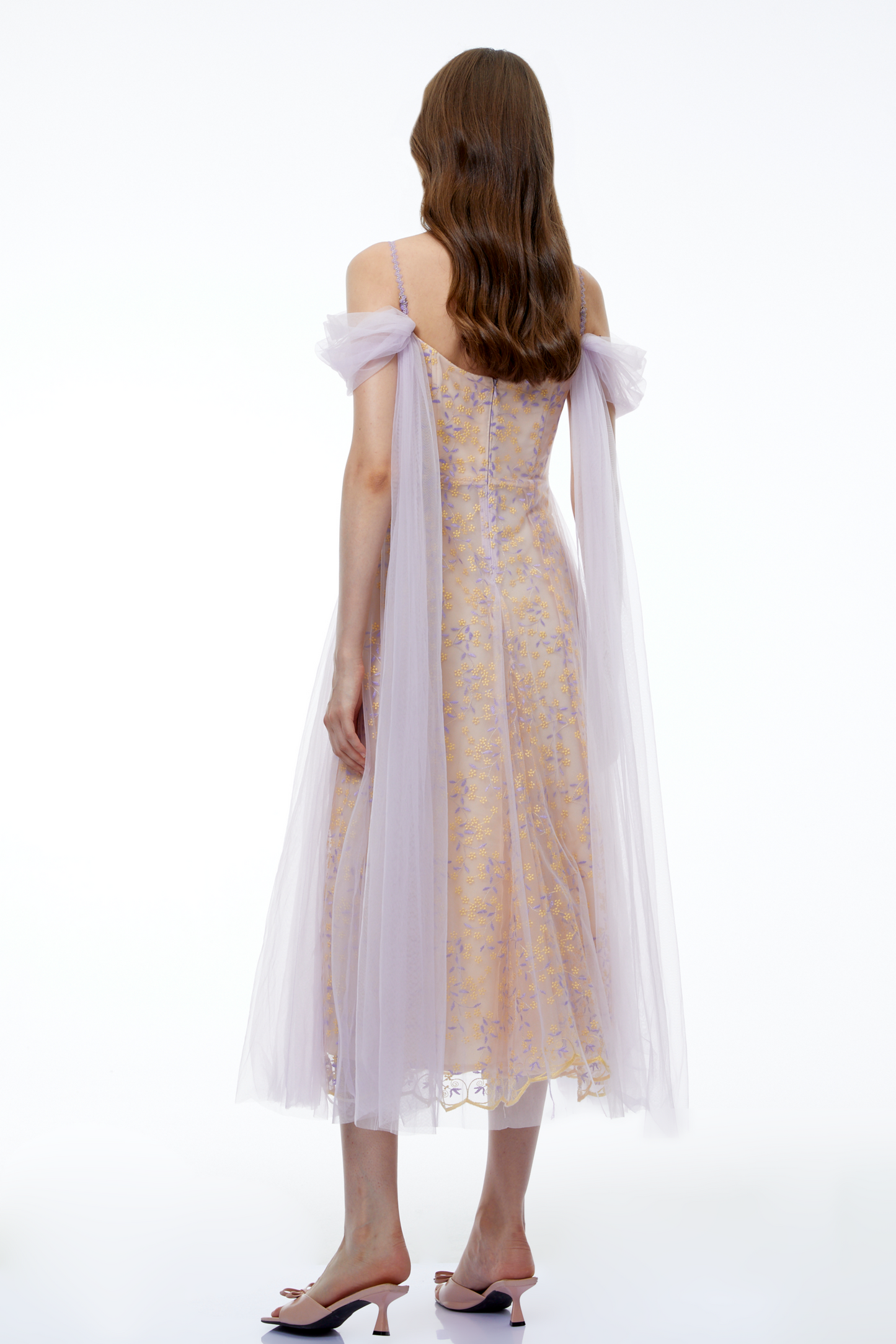 Camille Purple Off Shoulder Floral Embroidered Midi Dress