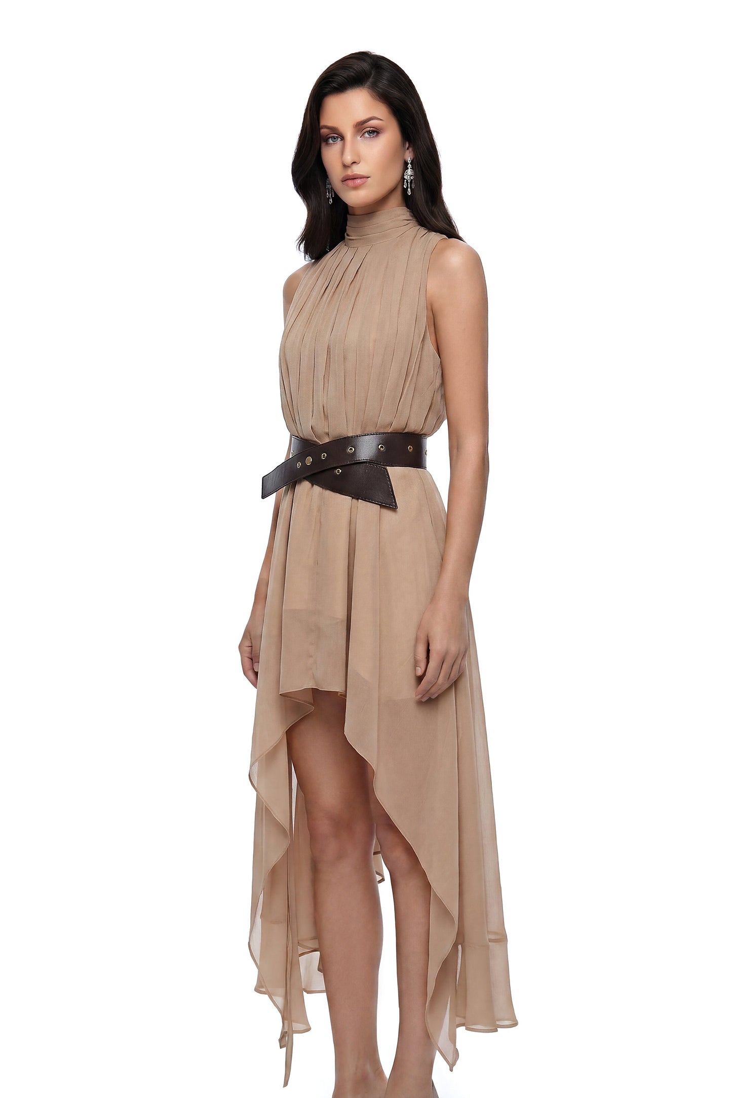 Caroline Khaki Asymmetrical Pleated Midi Dress with Belt