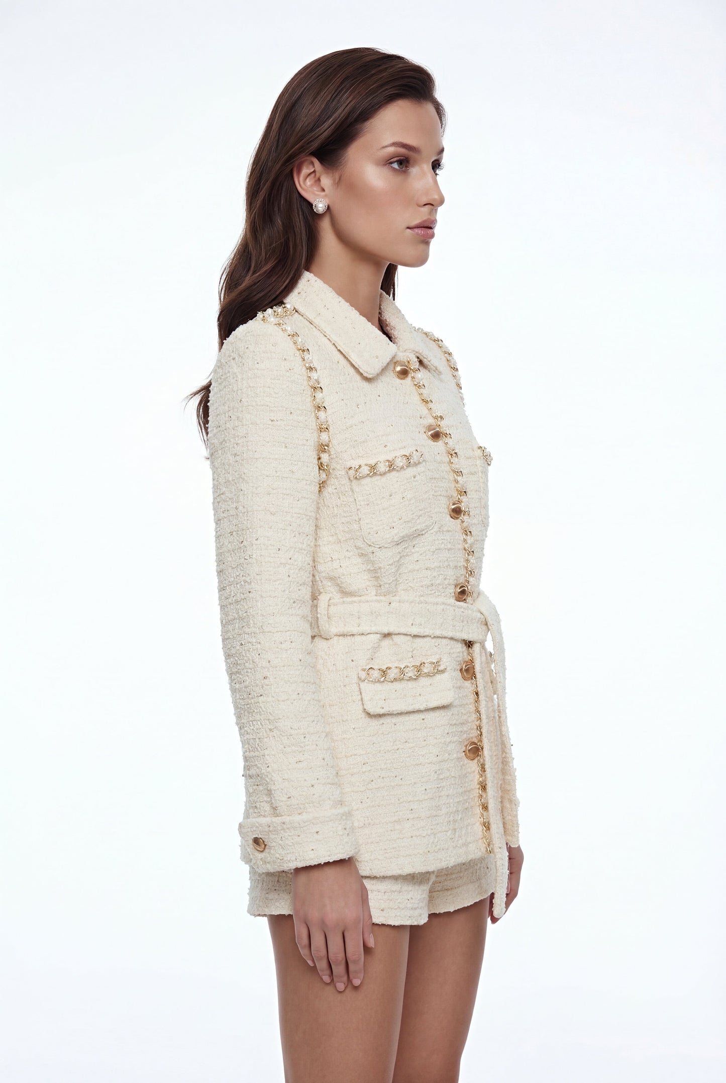 Cassia White Tweed Coat with Lapels