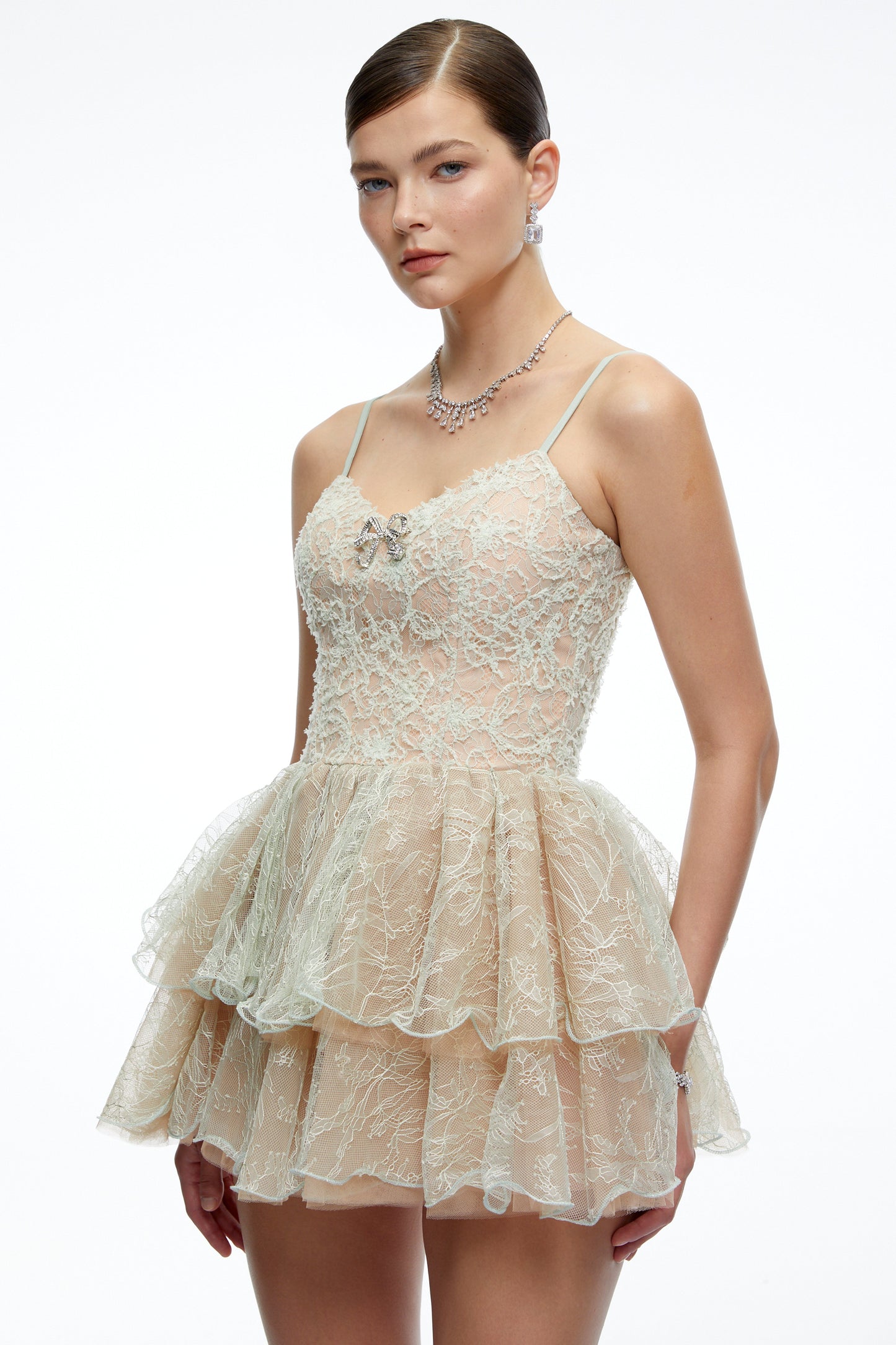 Cassidy Mint Green Lace Ruffled Embellished Mini Dress
