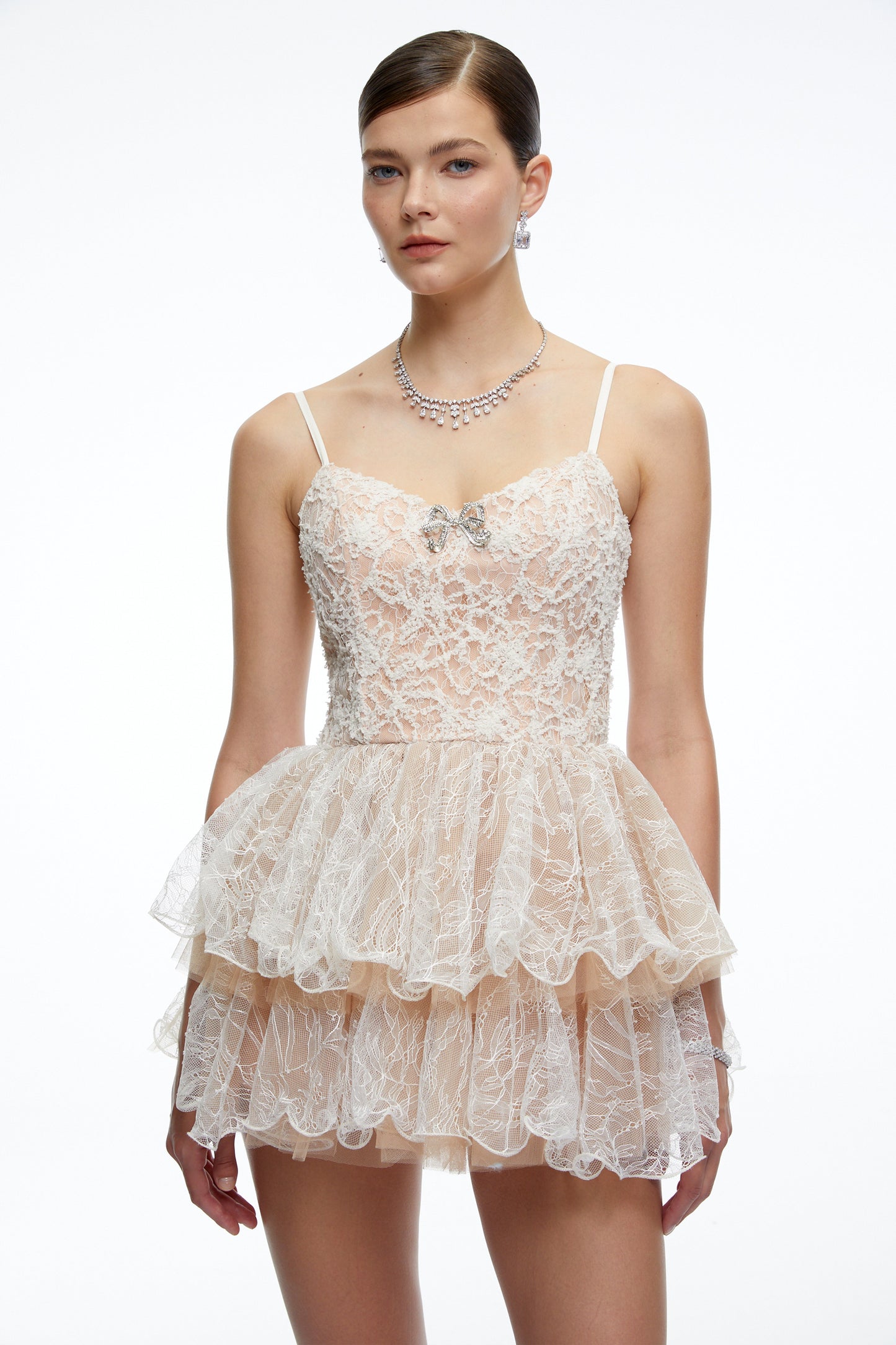 Cassidy Neutral Lace Ruffled Embellished Mini Dress
