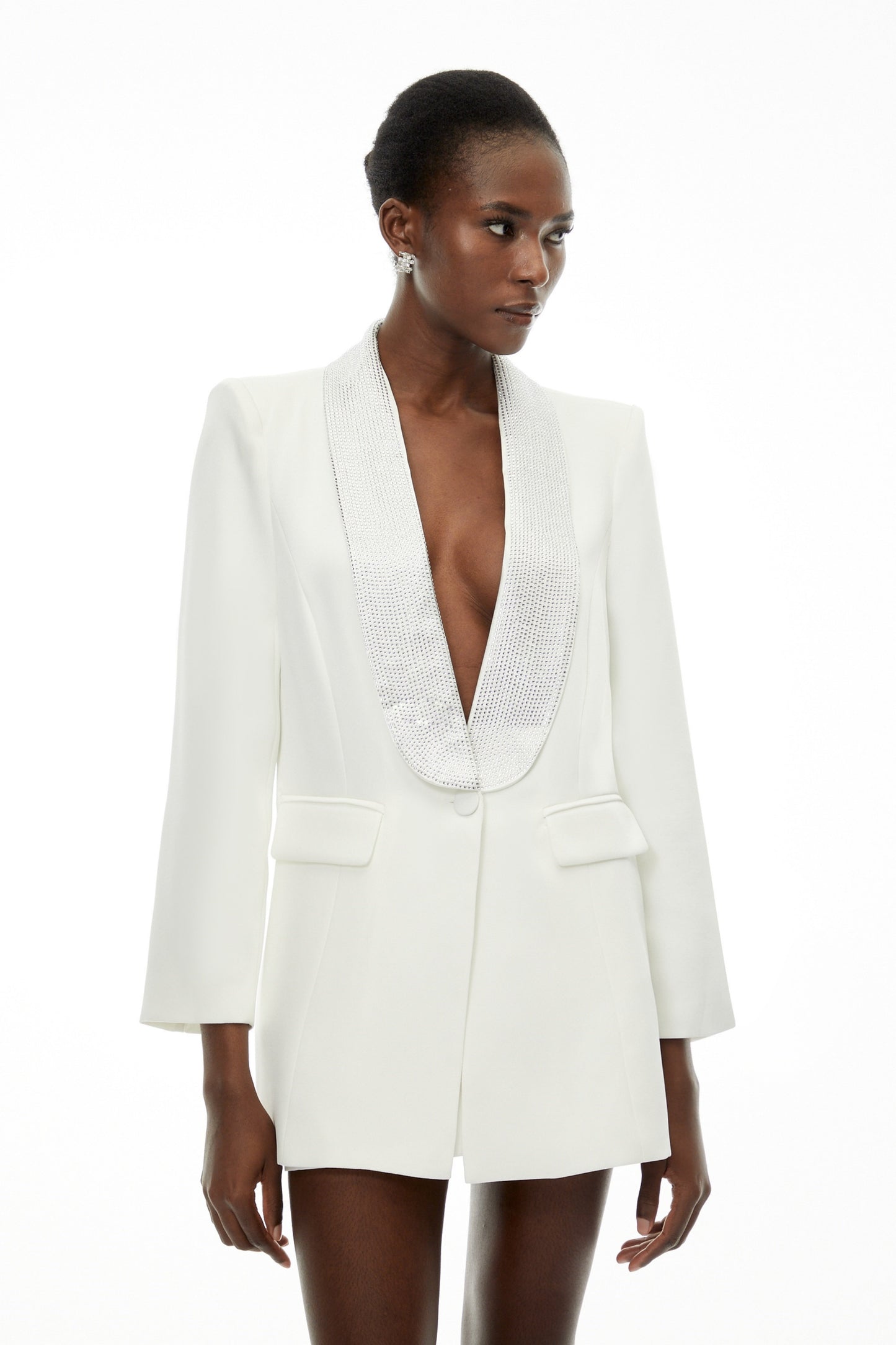 Caterina White Plunge Neck Embellished Blazer