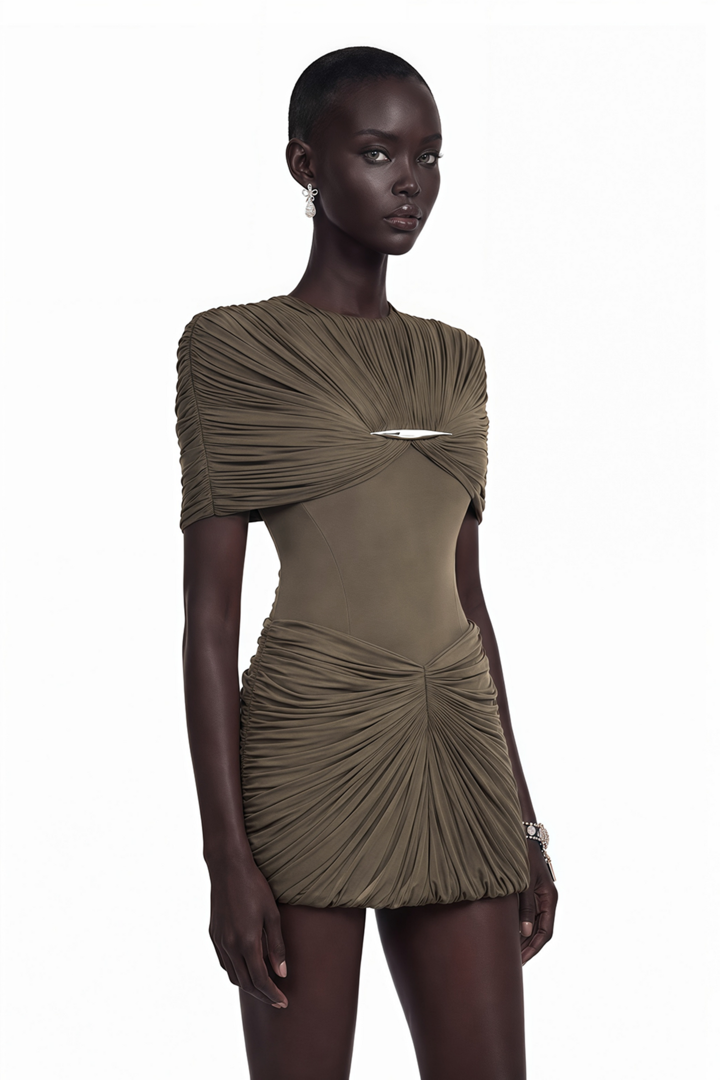 Celeste Chocolate Brown Pleated Cape Mini Dress