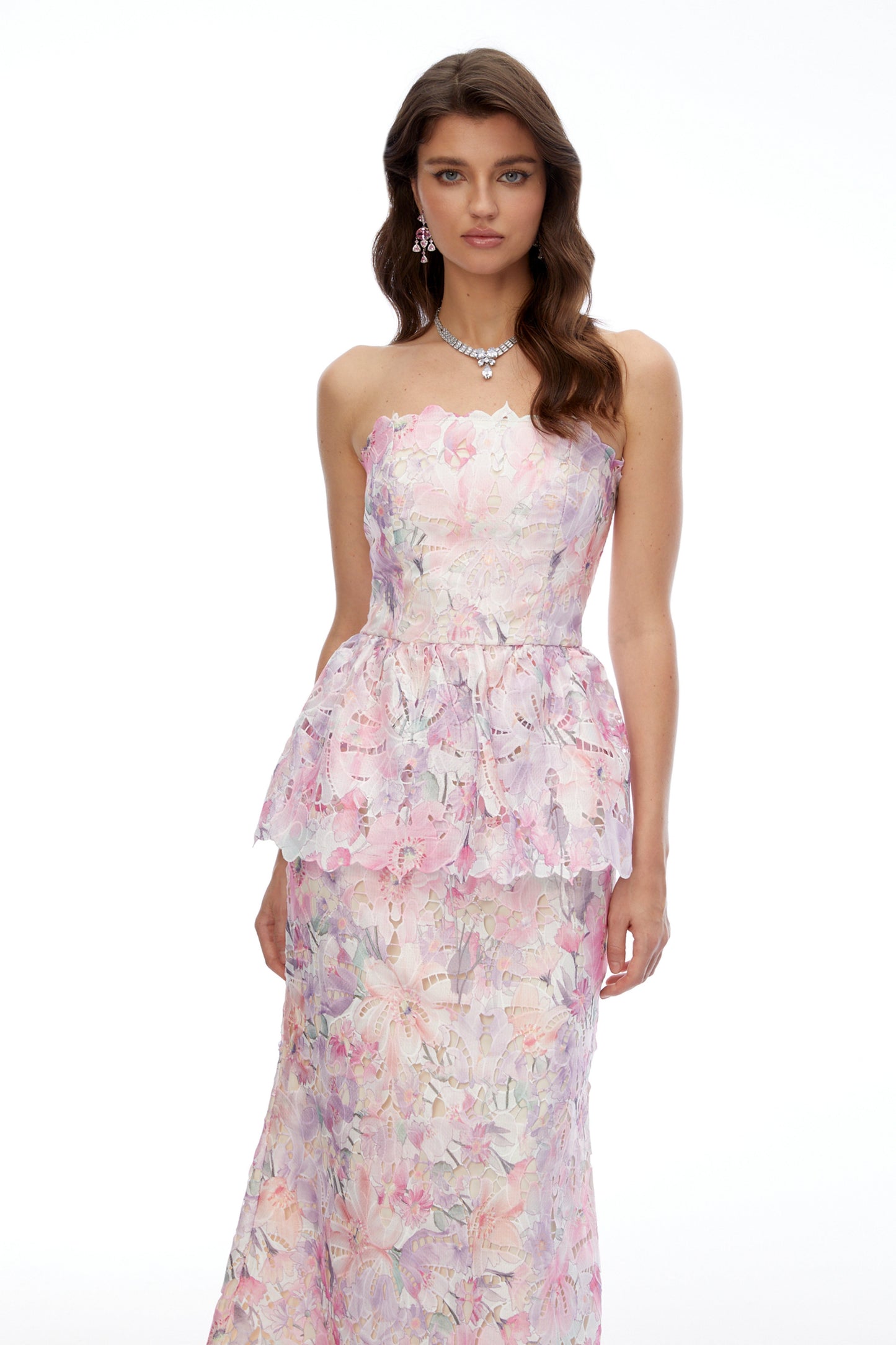 Céleste Pembe Çiçekli Straplez Peplum Maxi Elbise