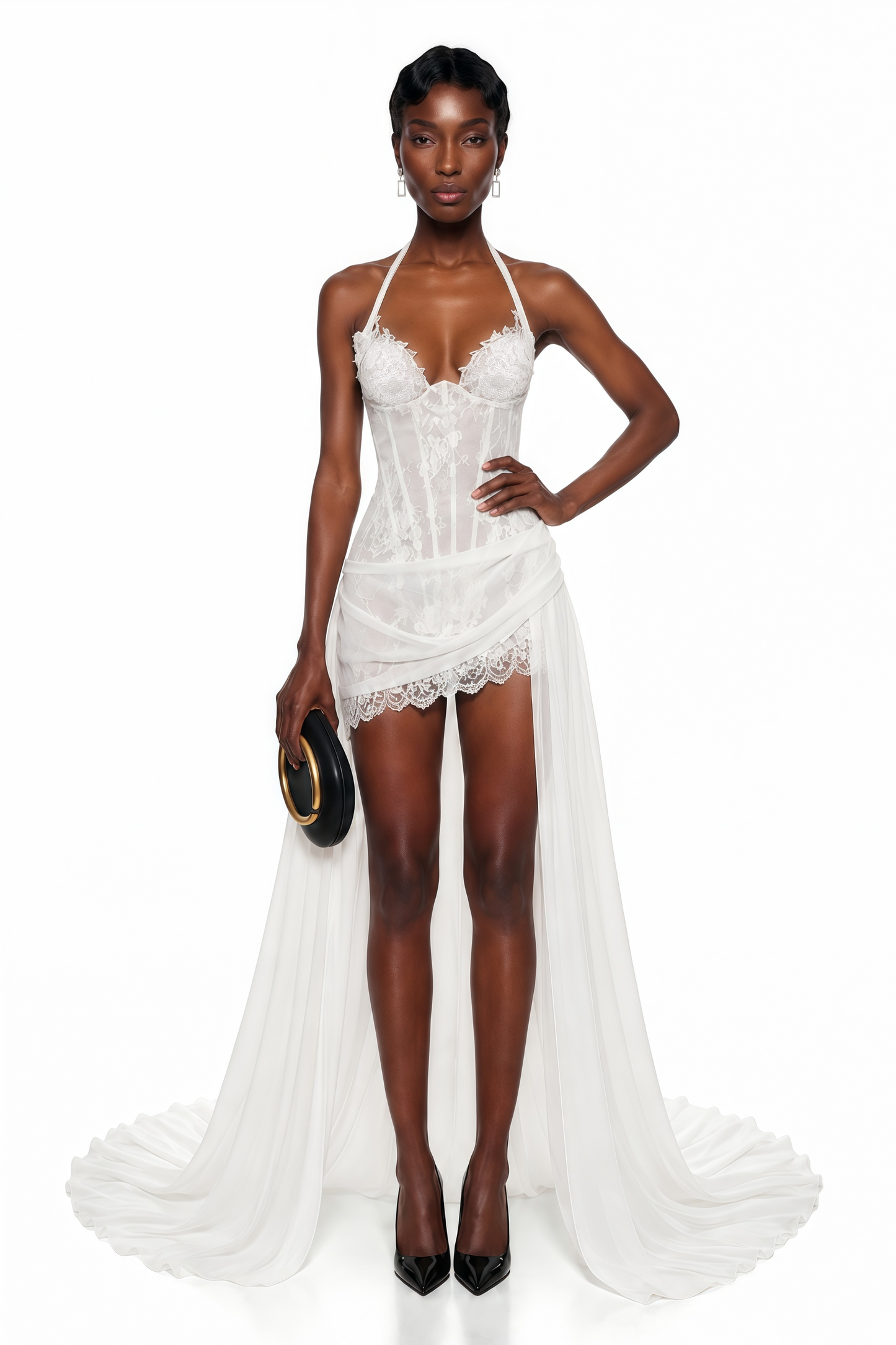 Céleste White Halterneck Floral Lace Mini Dress with Train