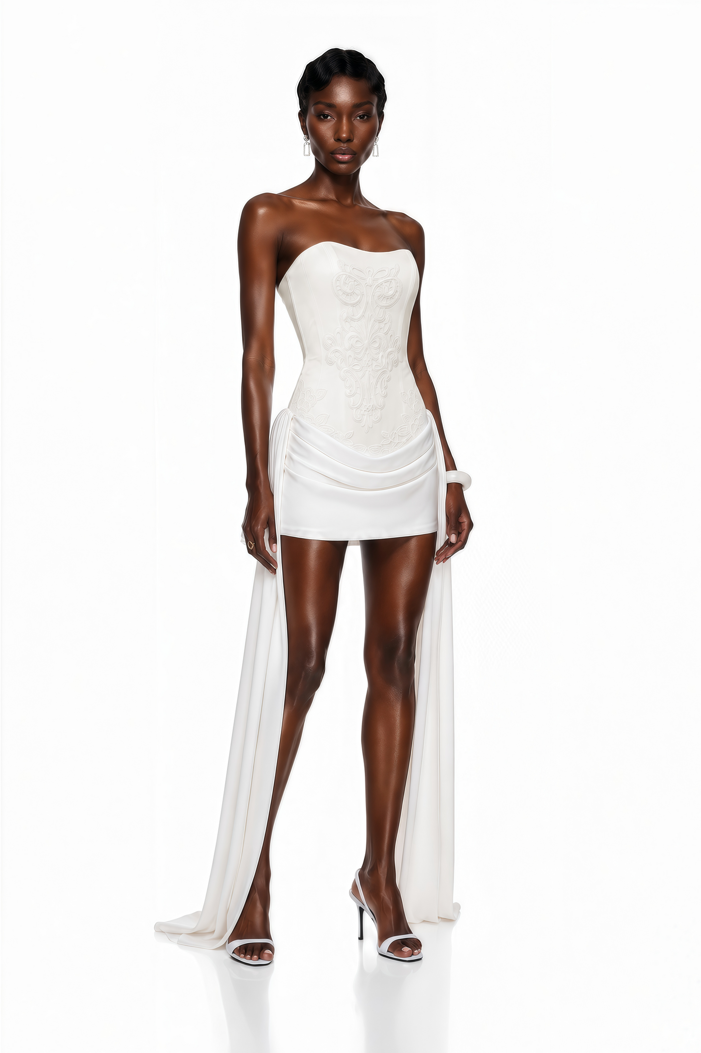 Ceren White Asymmetrical Floral Embroidered Mini Dress