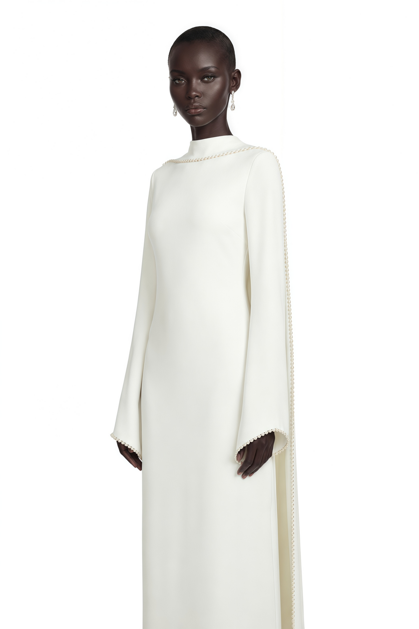 Piroska White Pearl Trim Shawl Detail Maxi Dress