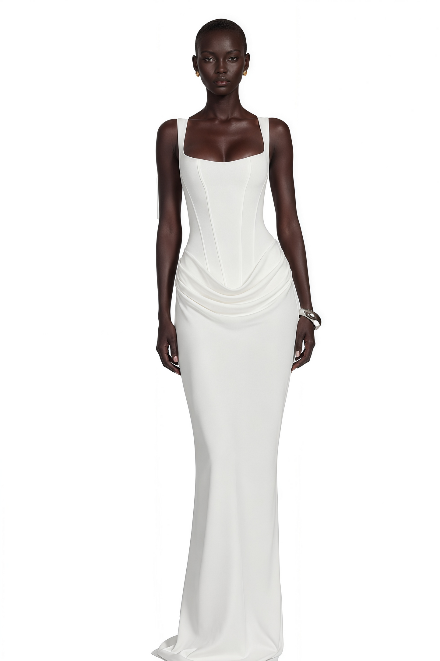 Paulette White Ruched Corset Maxi Dress