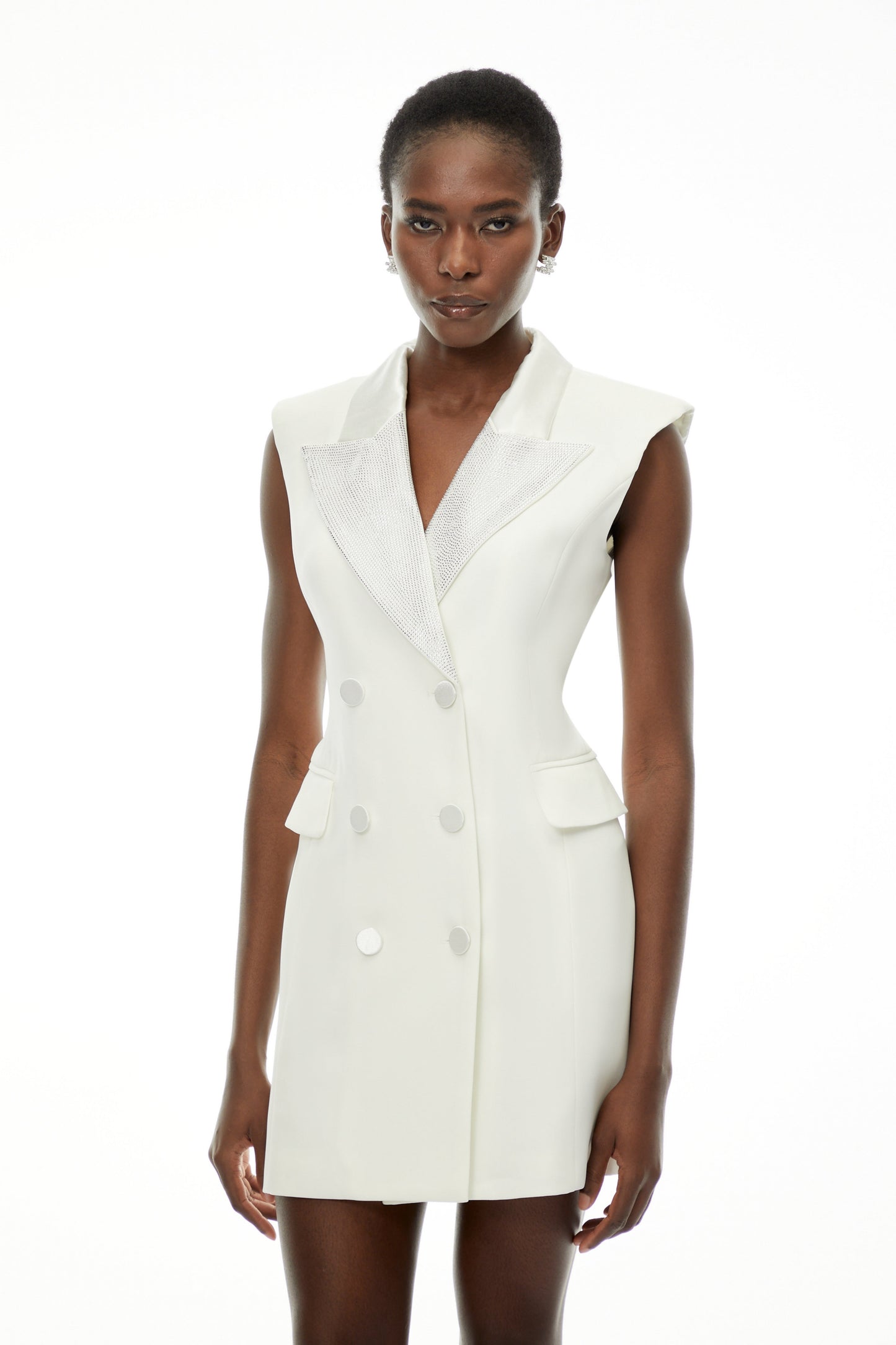 Chiara White Sequin Blazer Dress with Lapel Collar