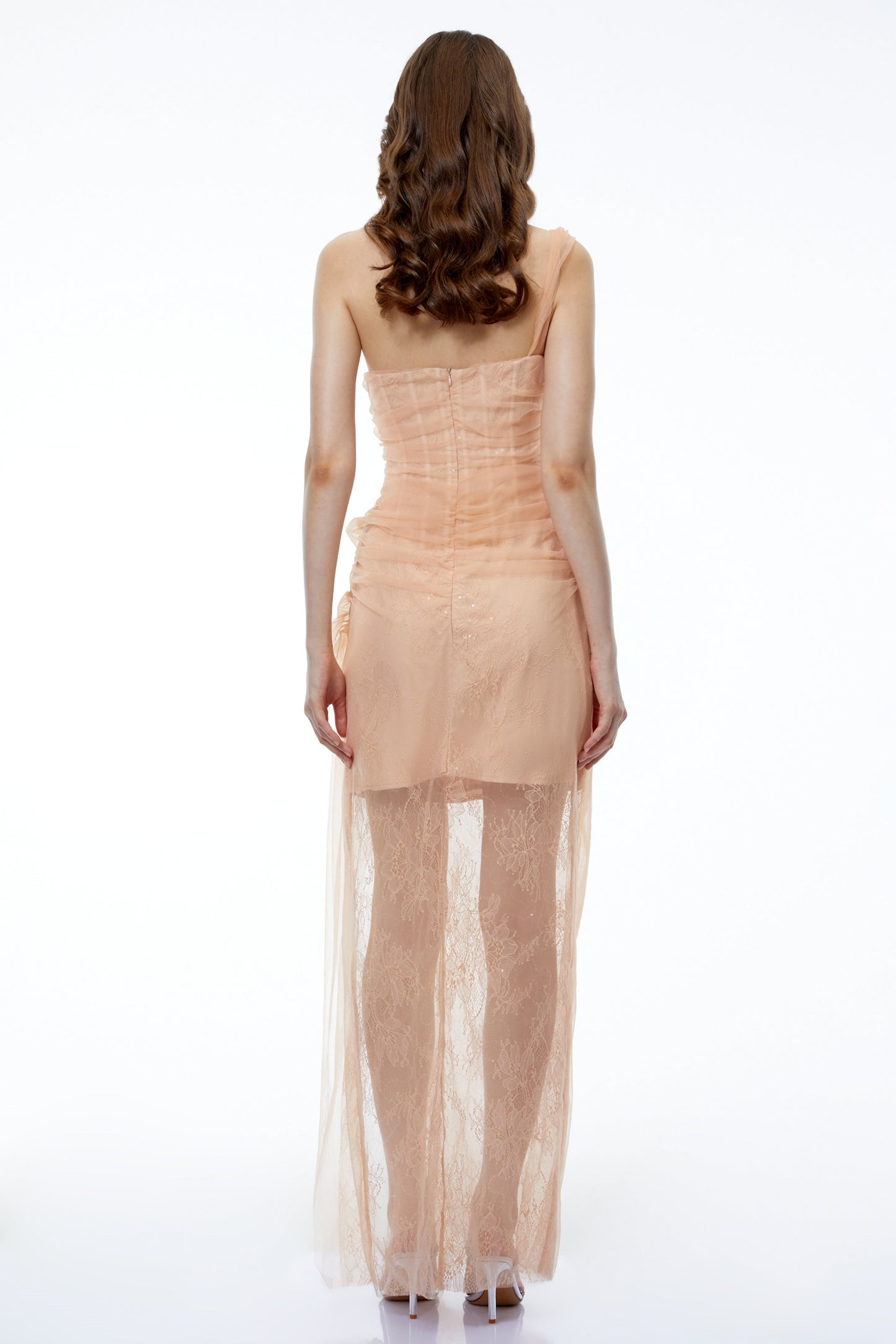 Ciel Neutral Asymmetrical Slit Ruched Maxi Dress