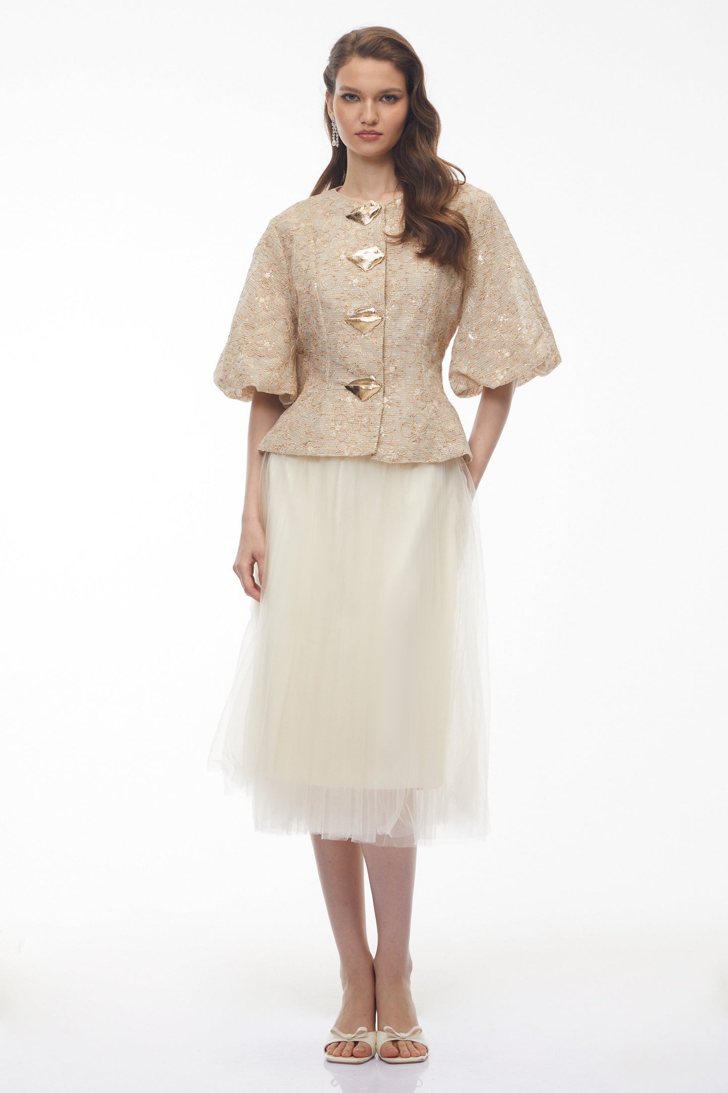 Clara Champagne Floral Embroidered Peplum Jacket