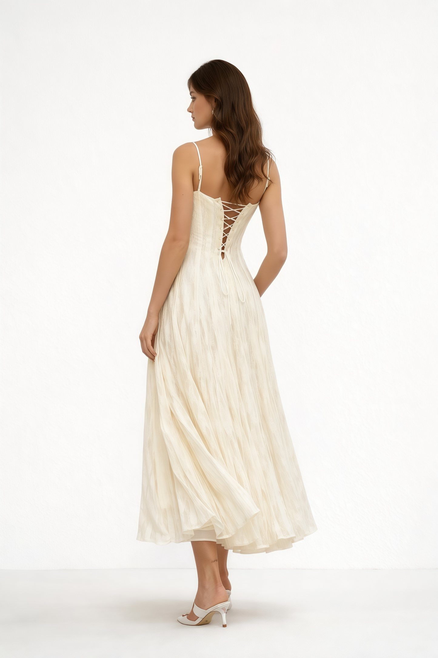 Coralie White Pleated Lace Midi Dress