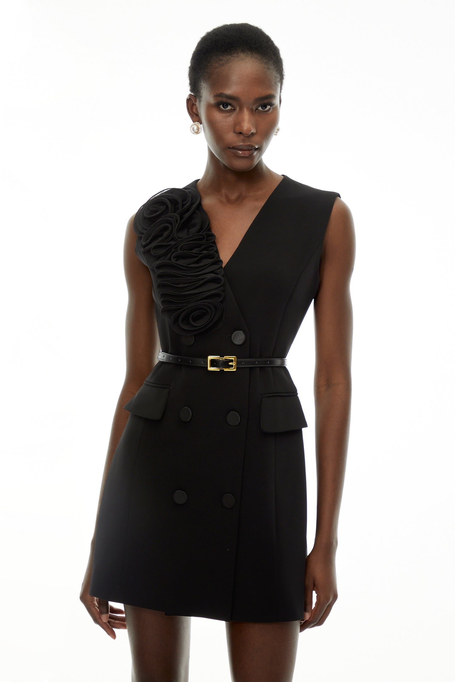 Cordelia Black Sleeveless Mini Dress with 3D Florals