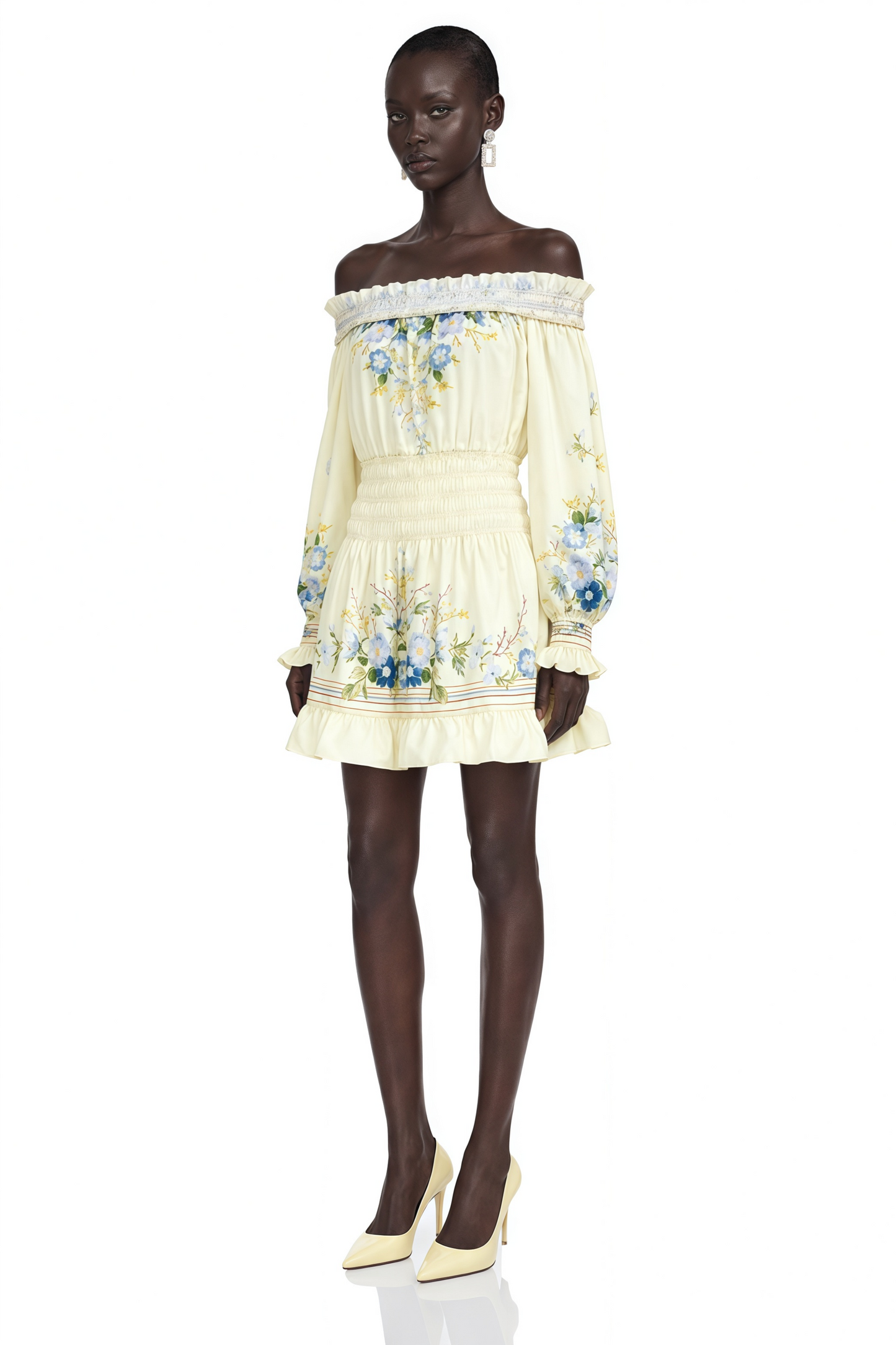 Crystal Yellow Off Shoulder Floral Print Mini Dress