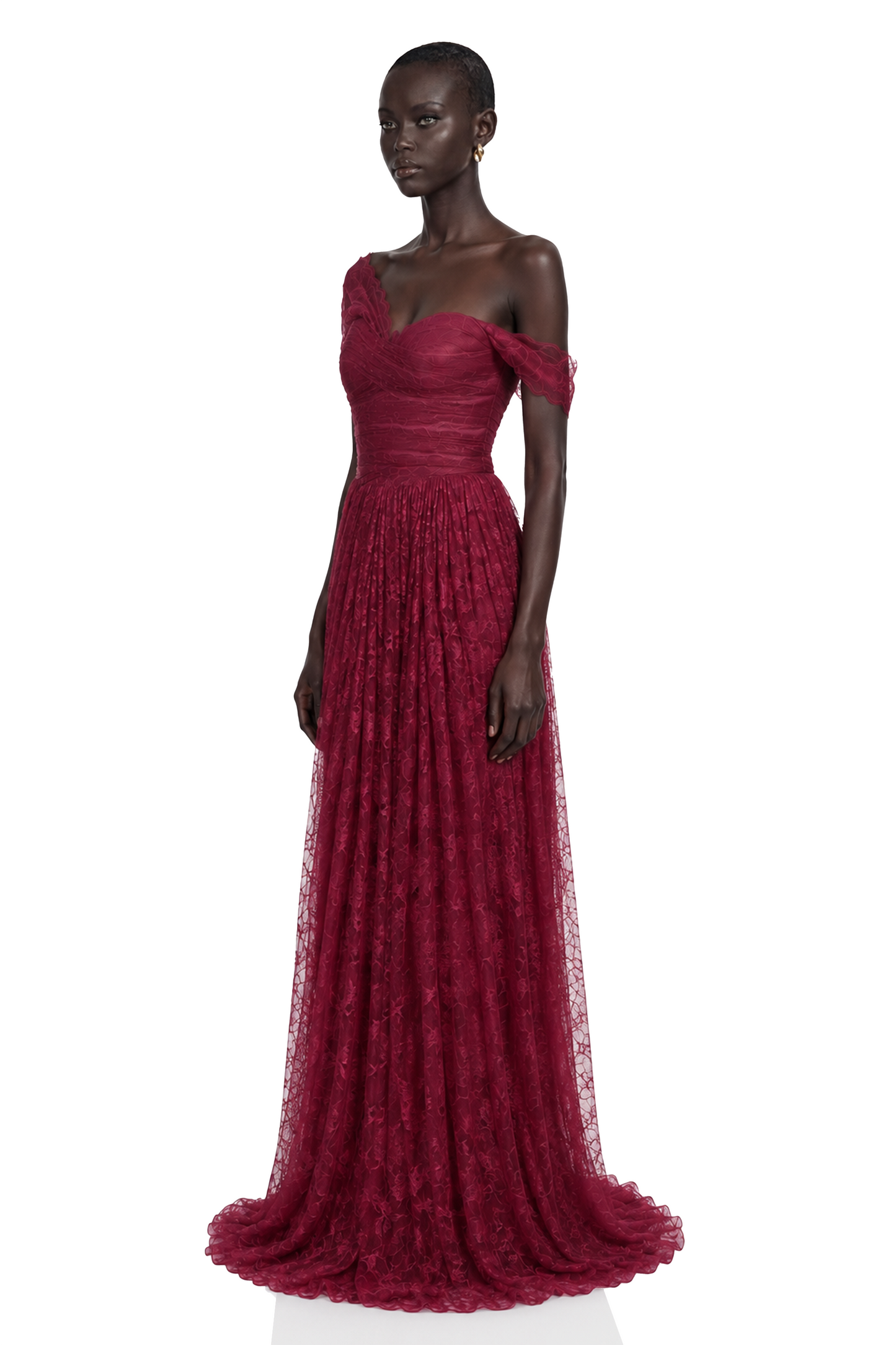 Defne Burgundy One Shoulder Ruched Lace Maxi Dress
