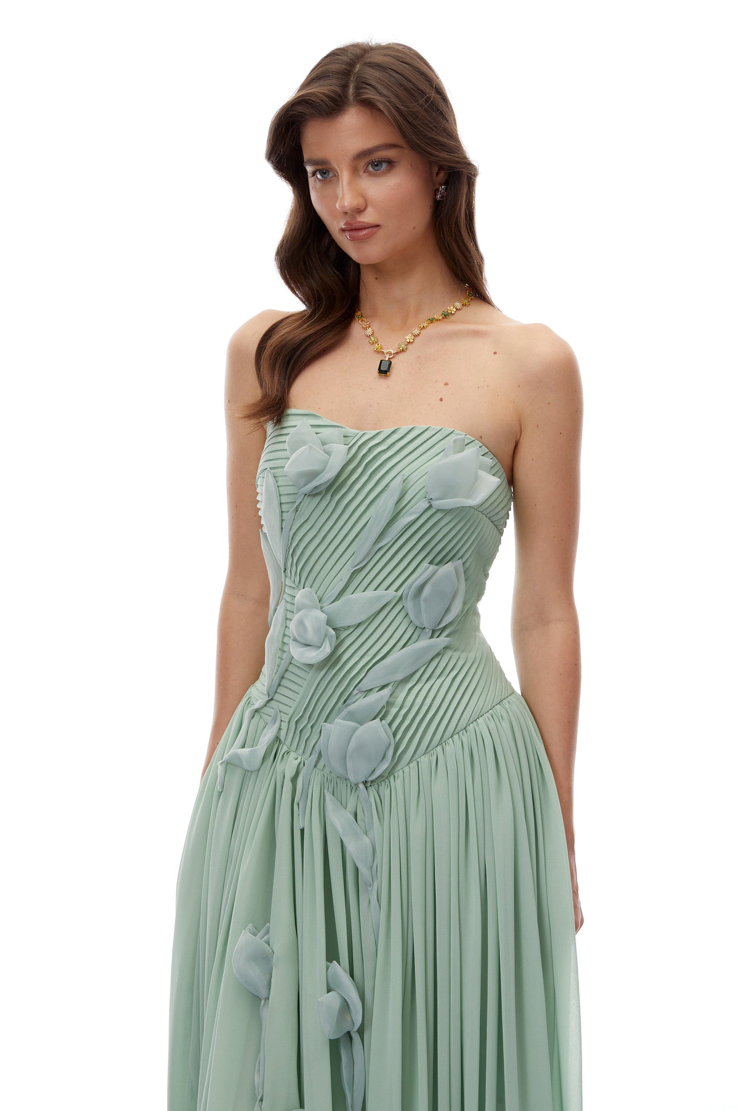 Delphine Yeşili Dantelli 3D Çiçekli Maxi Elbise