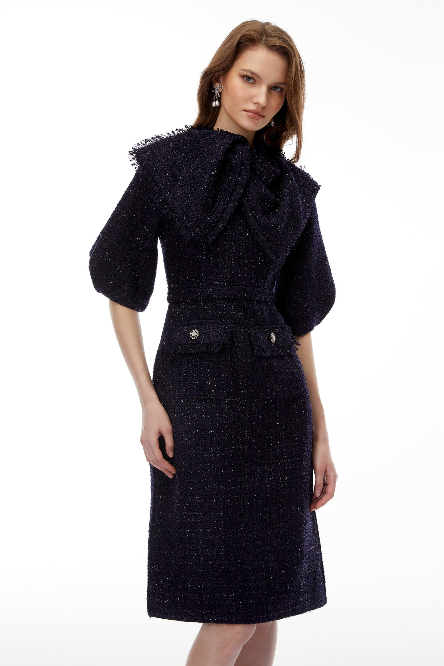 Demetria Blue Tweed Midi Dress with Bow