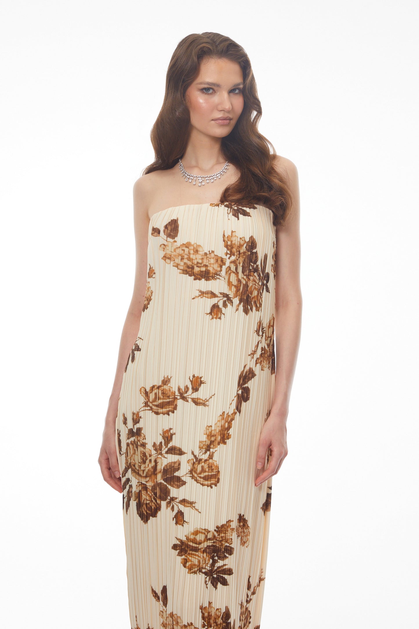 Denise Cream Floral Pleated Midi Dress