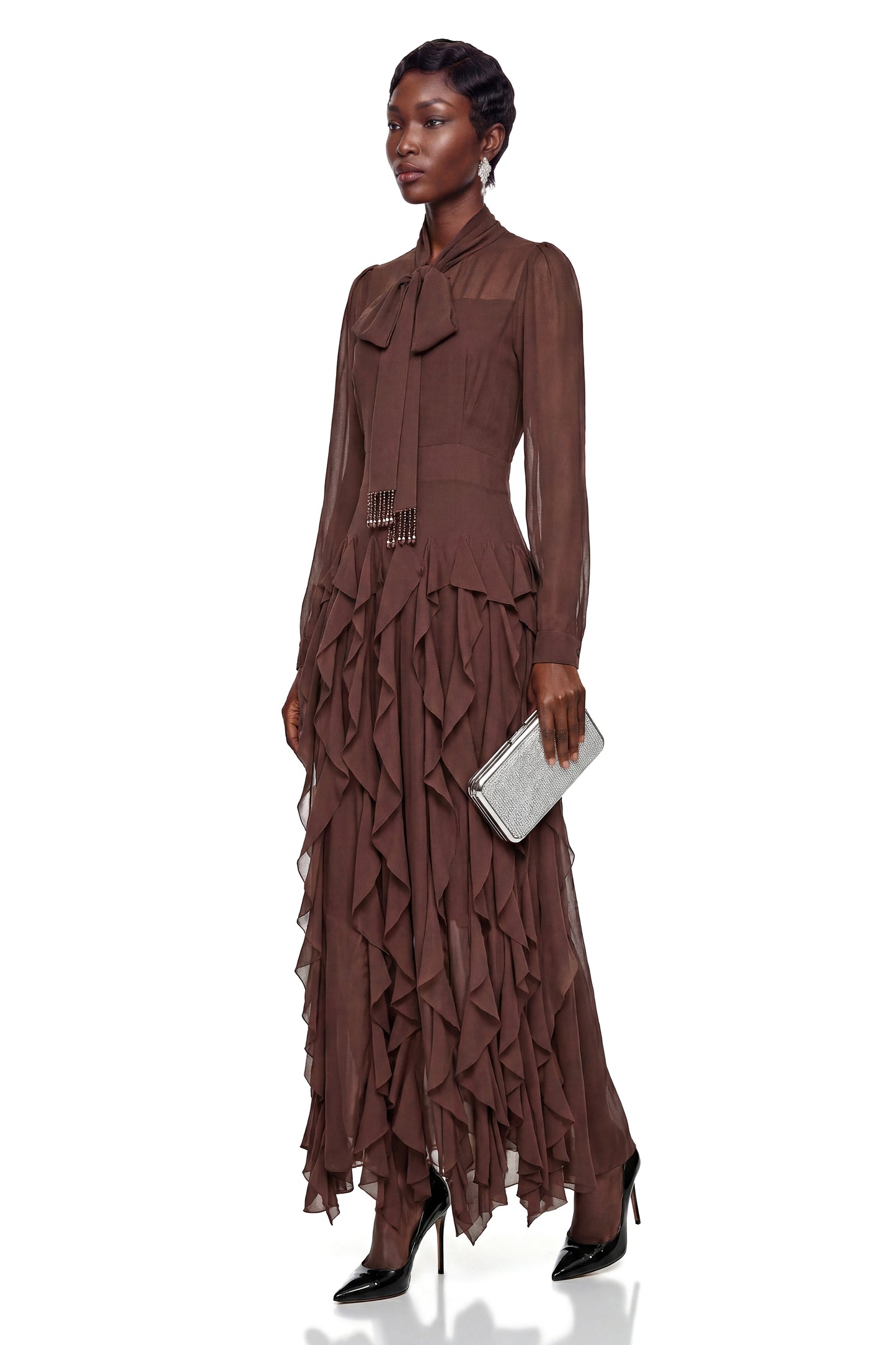 Dirce Chocolate Brown Chiffon Ruffled Maxi Dress