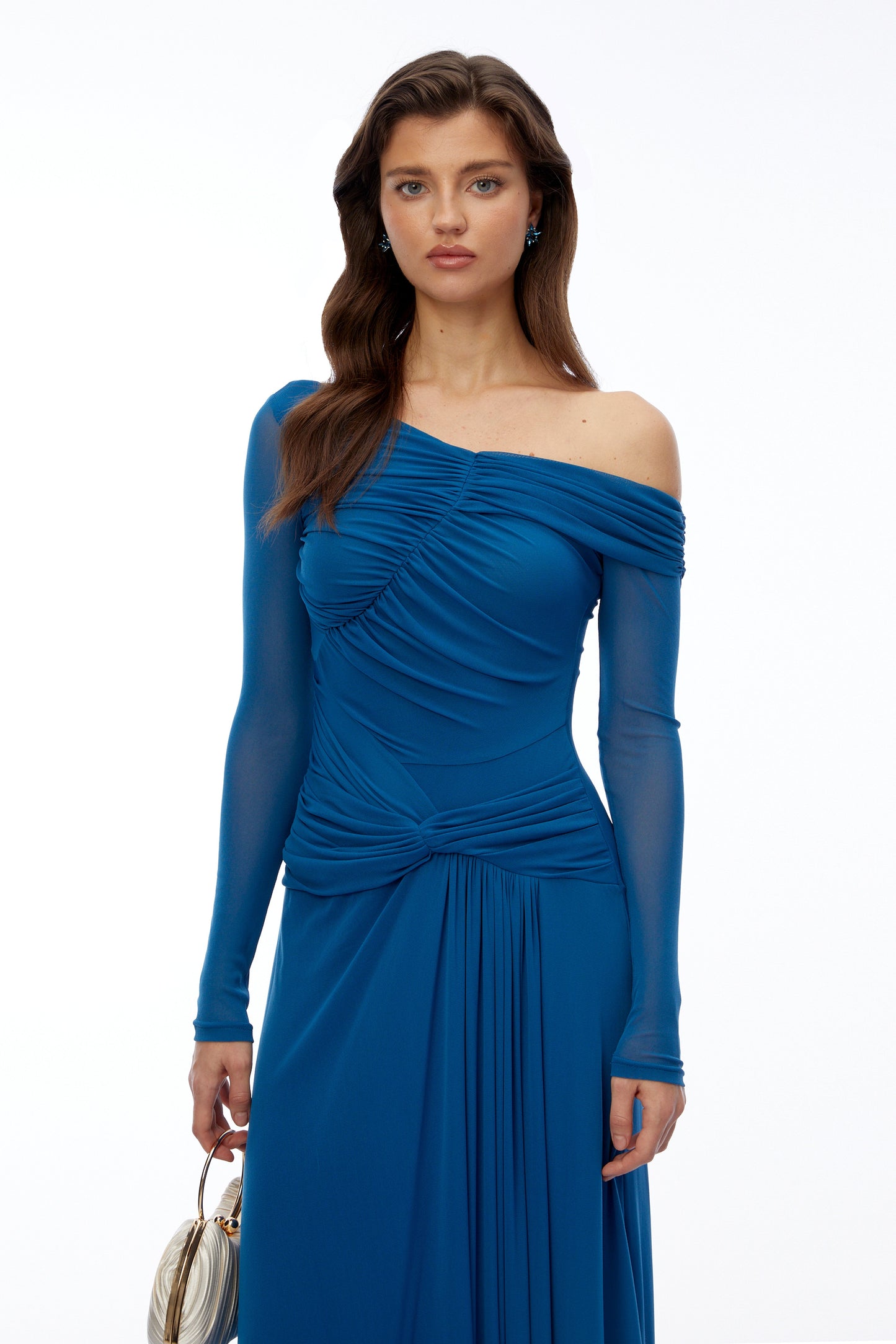Donatella Teal Blue Off Shoulder Long Sleeves Maxi Dress