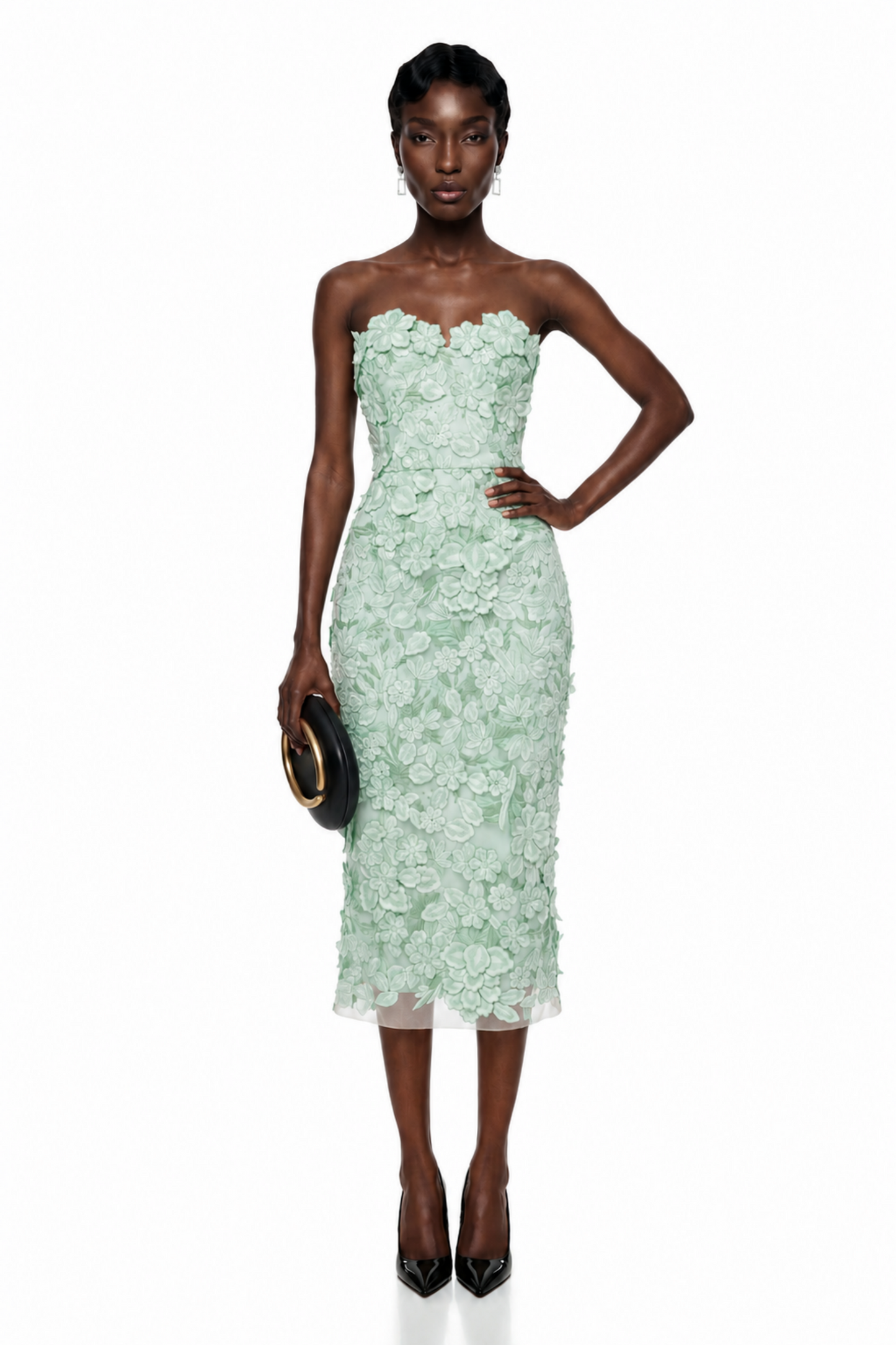 Duygu Green Off Shoulder Midi Dress with 3D Florals