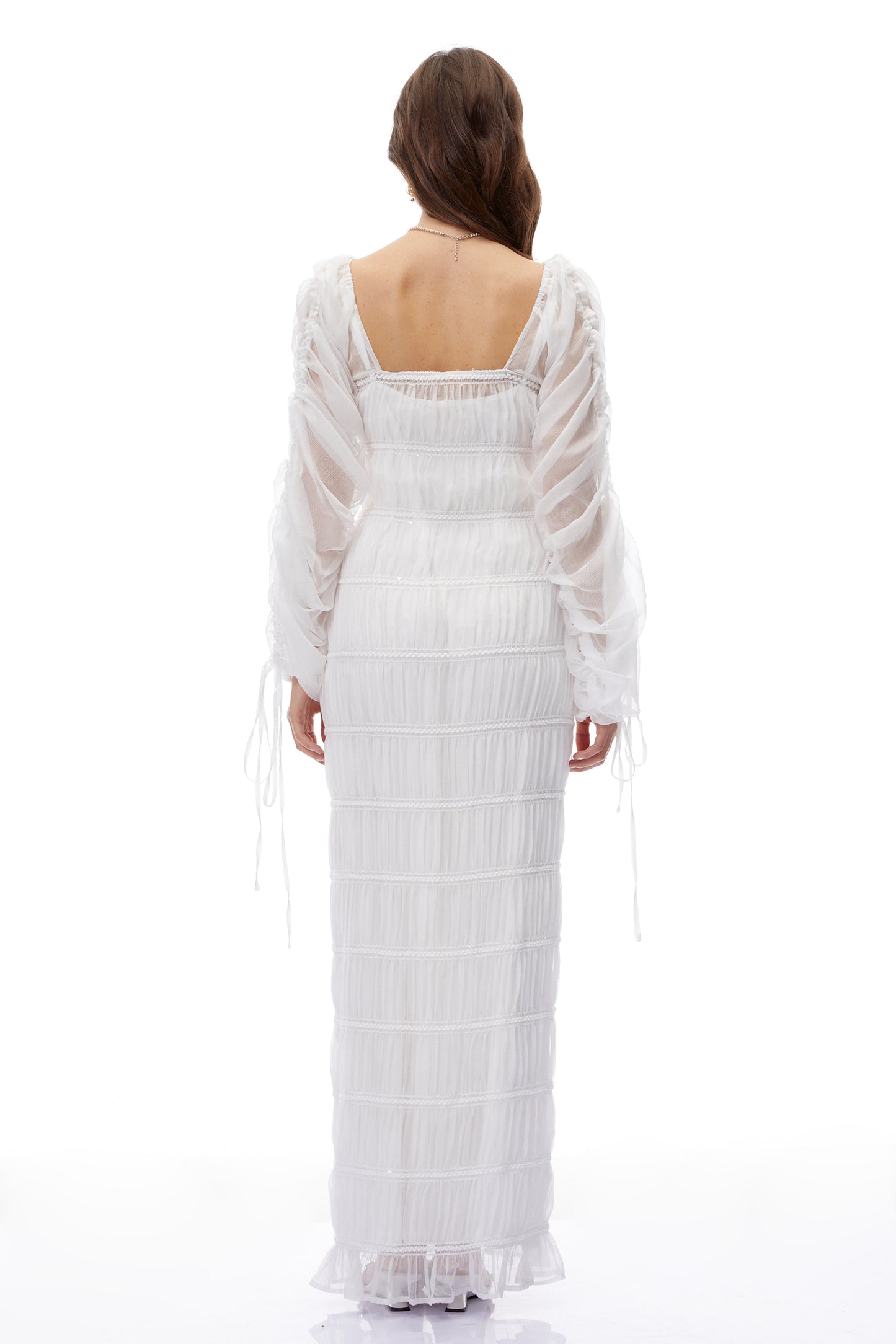 Eileen White Puff Sleeves Ruched Maxi Dress