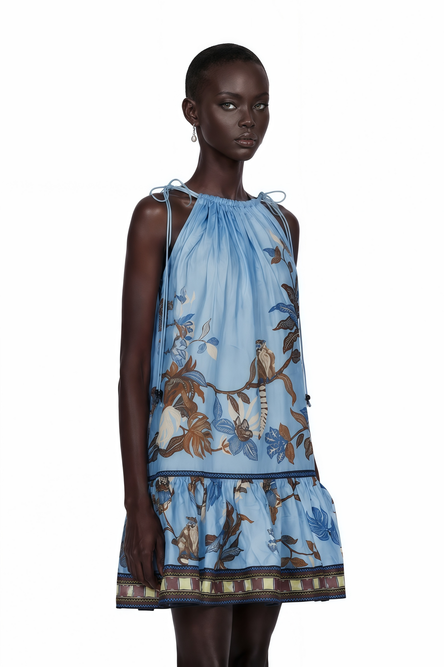 Eirlys Blue Tropical Bird Printed Ruched Mini Dress