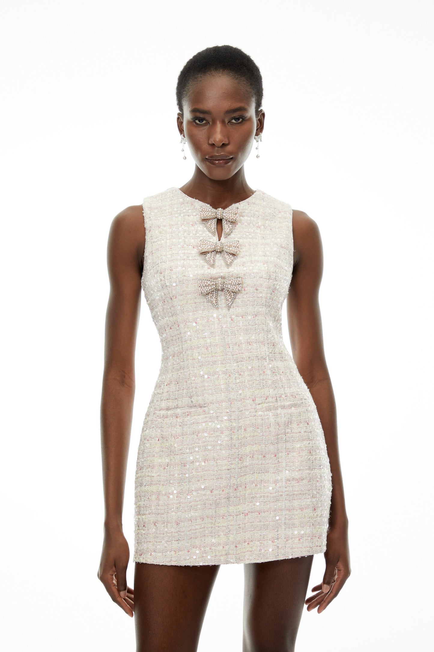 Eleanor Pink Sleeveless Mini Dress with Bow Buttons