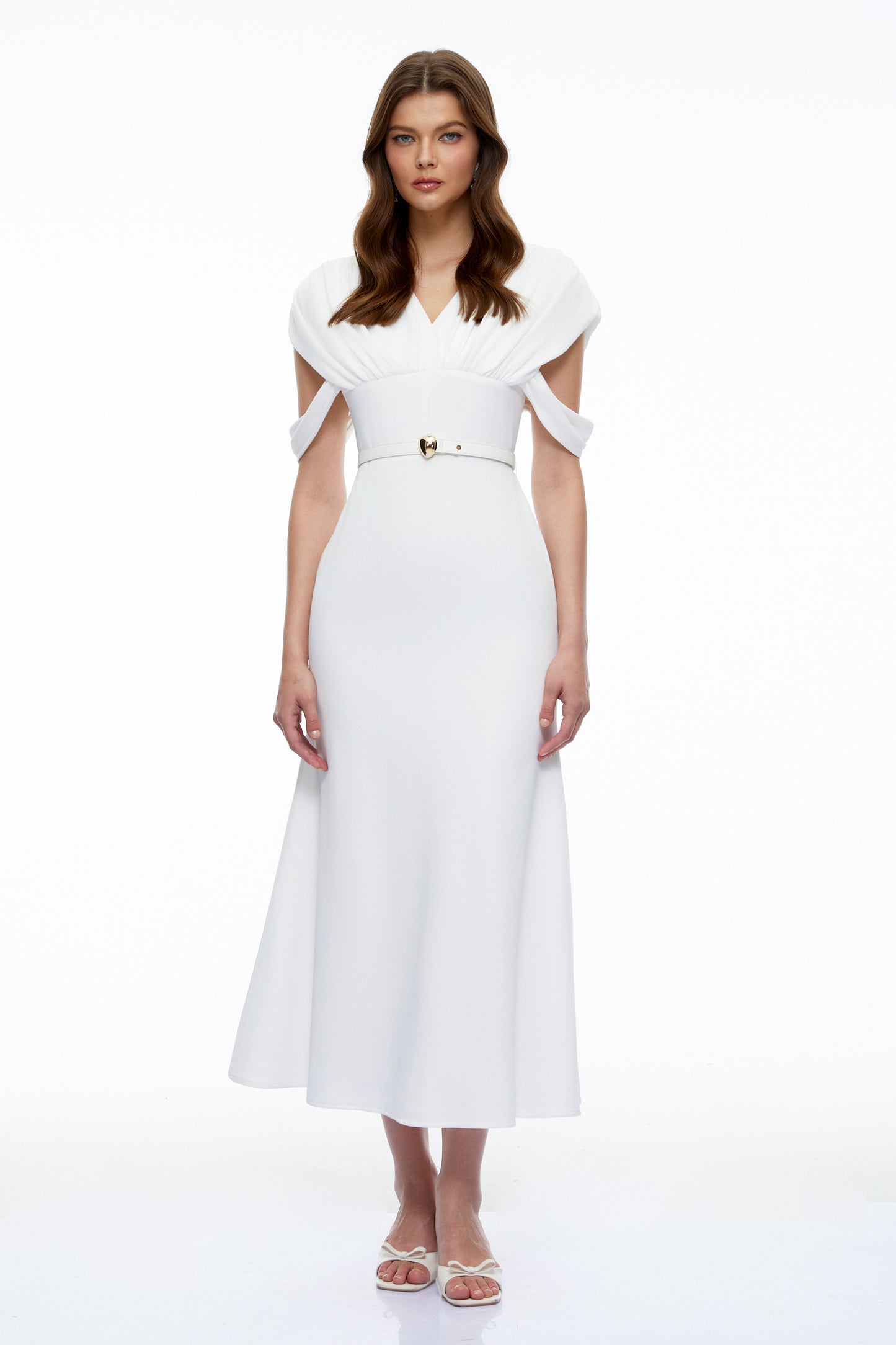 Eleanor White V-Neck Midi Dress with Cape Sleeves