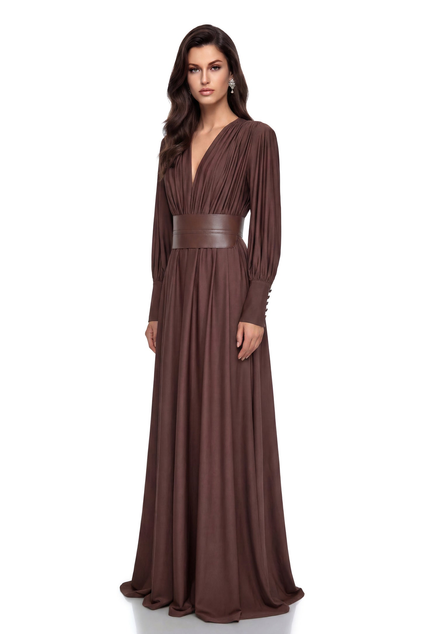 Eleanore Chocolate Brown V-Neck Ruched Maxi Dress