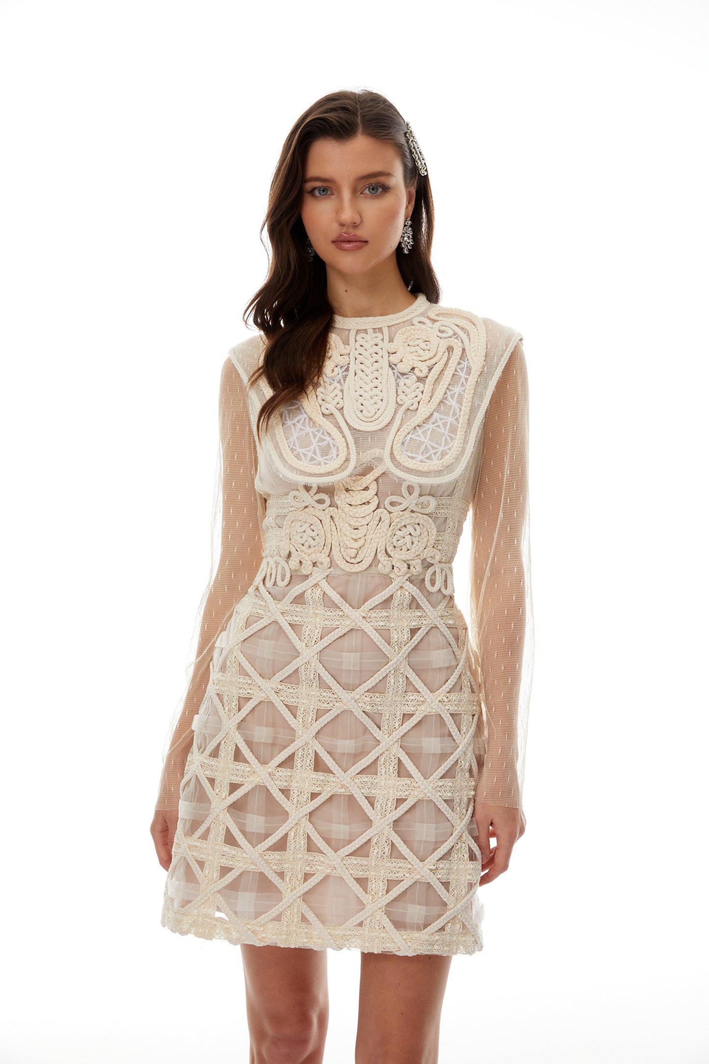 Elena Beyaz Örgülü Tığ İşi Mini Elbise