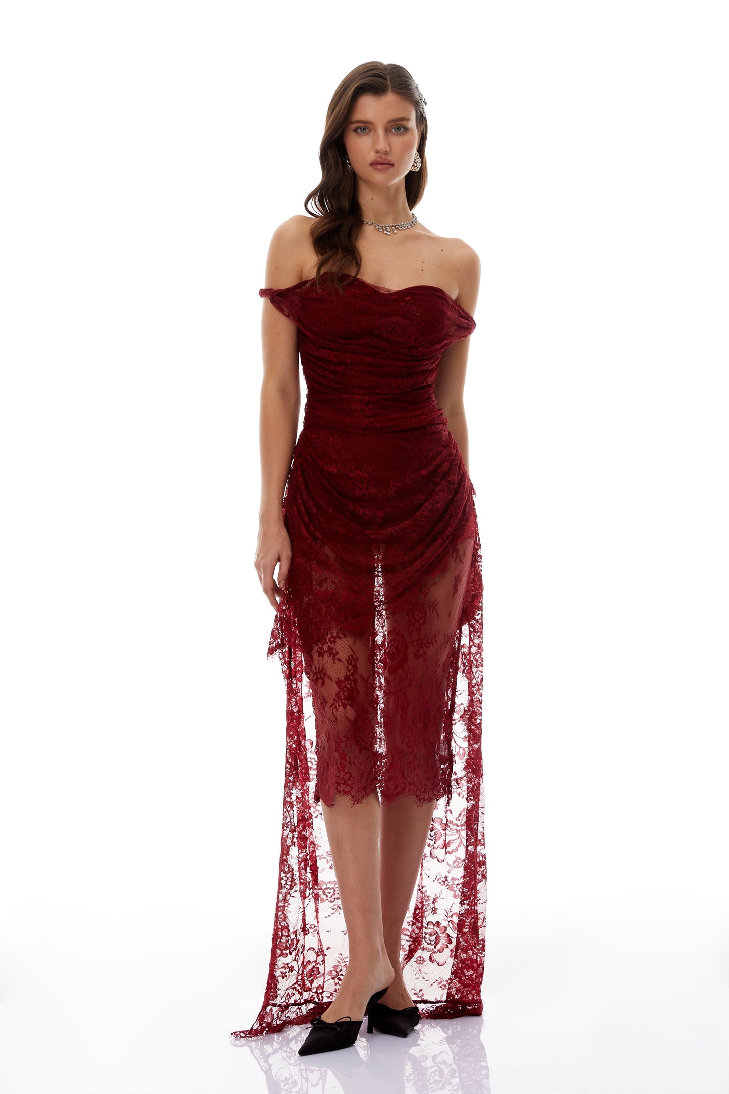 Eline Burgundy Ruched Floral Lace Gown