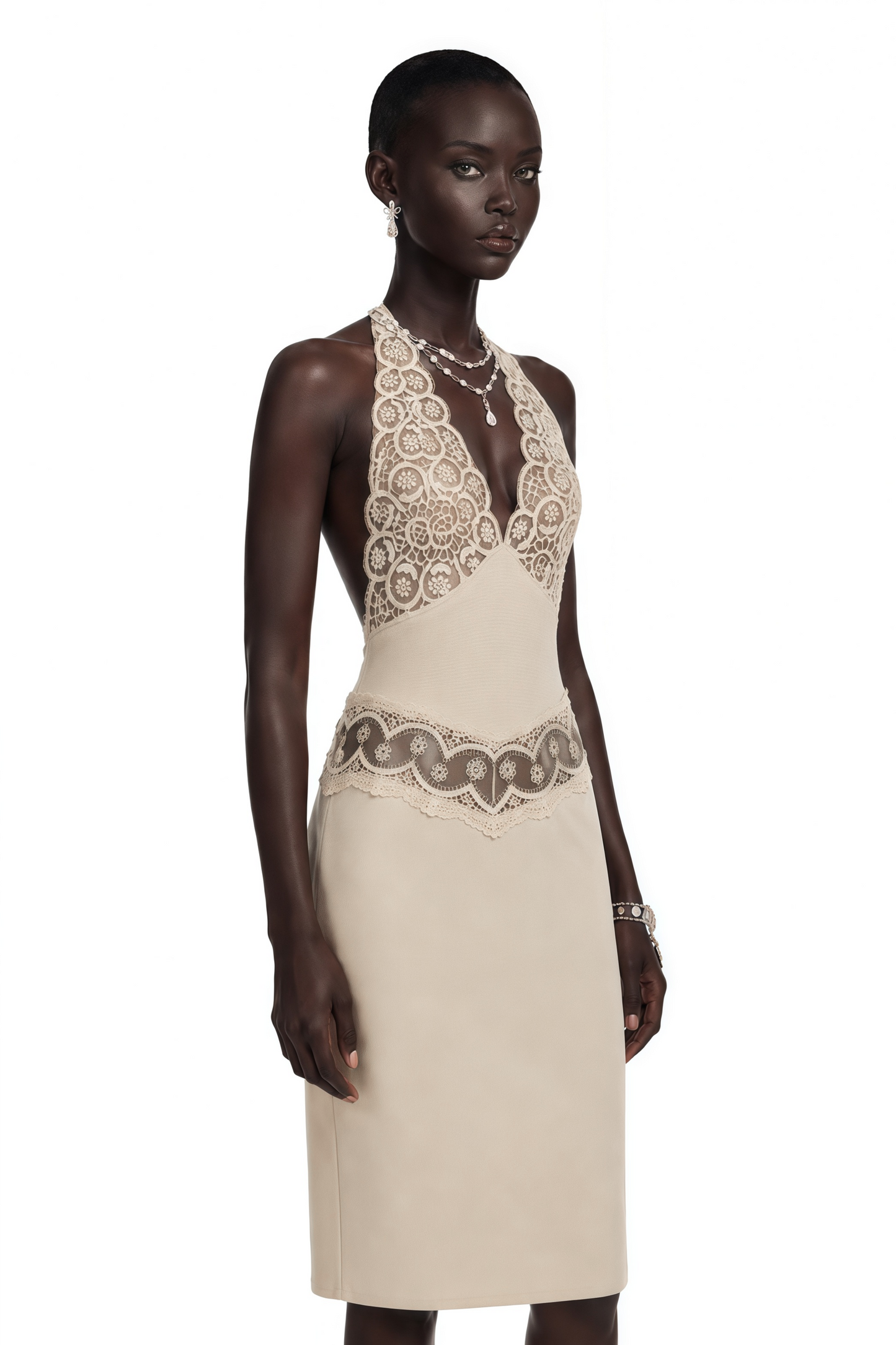 Ella Neutral Halterneck Lace Panel Mini Dress
