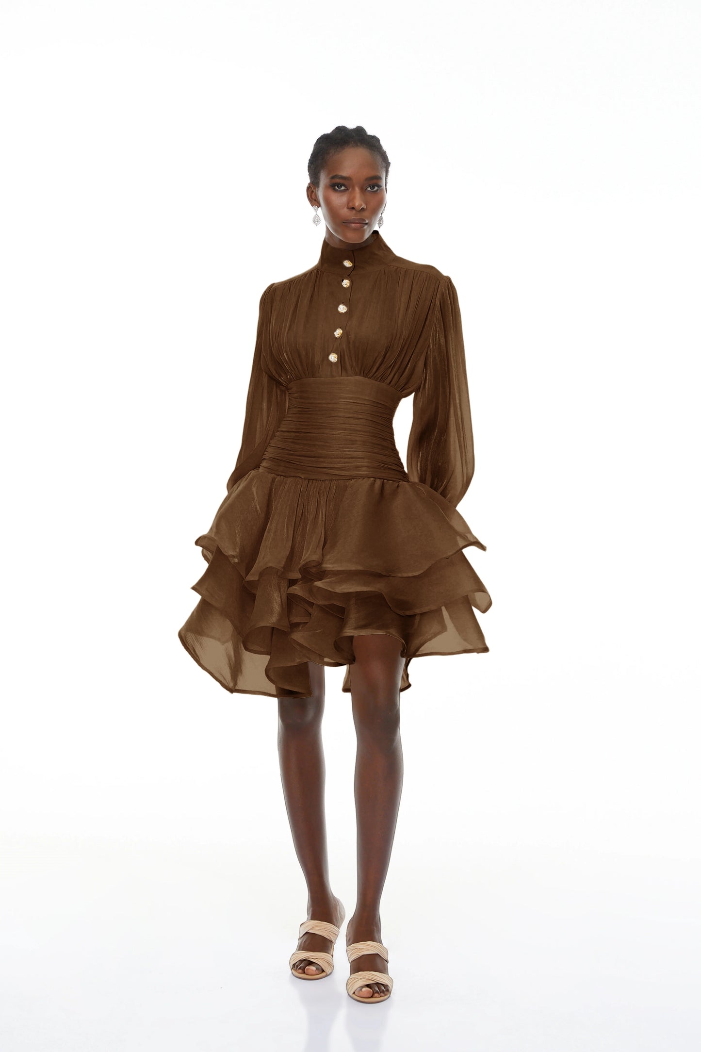 Emersyn Brown High-Neck Ruffled Detail Mini Dress