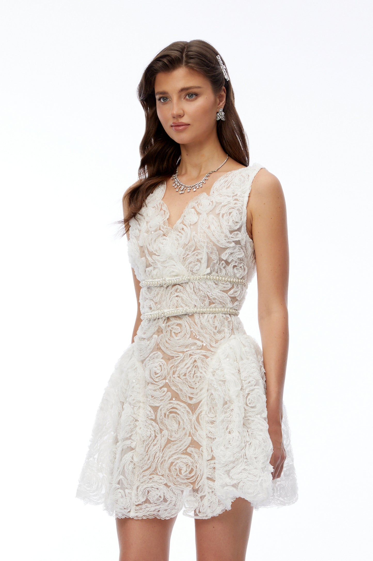 Ereti White V-Neck Lace Mini Dress with 3D Florals