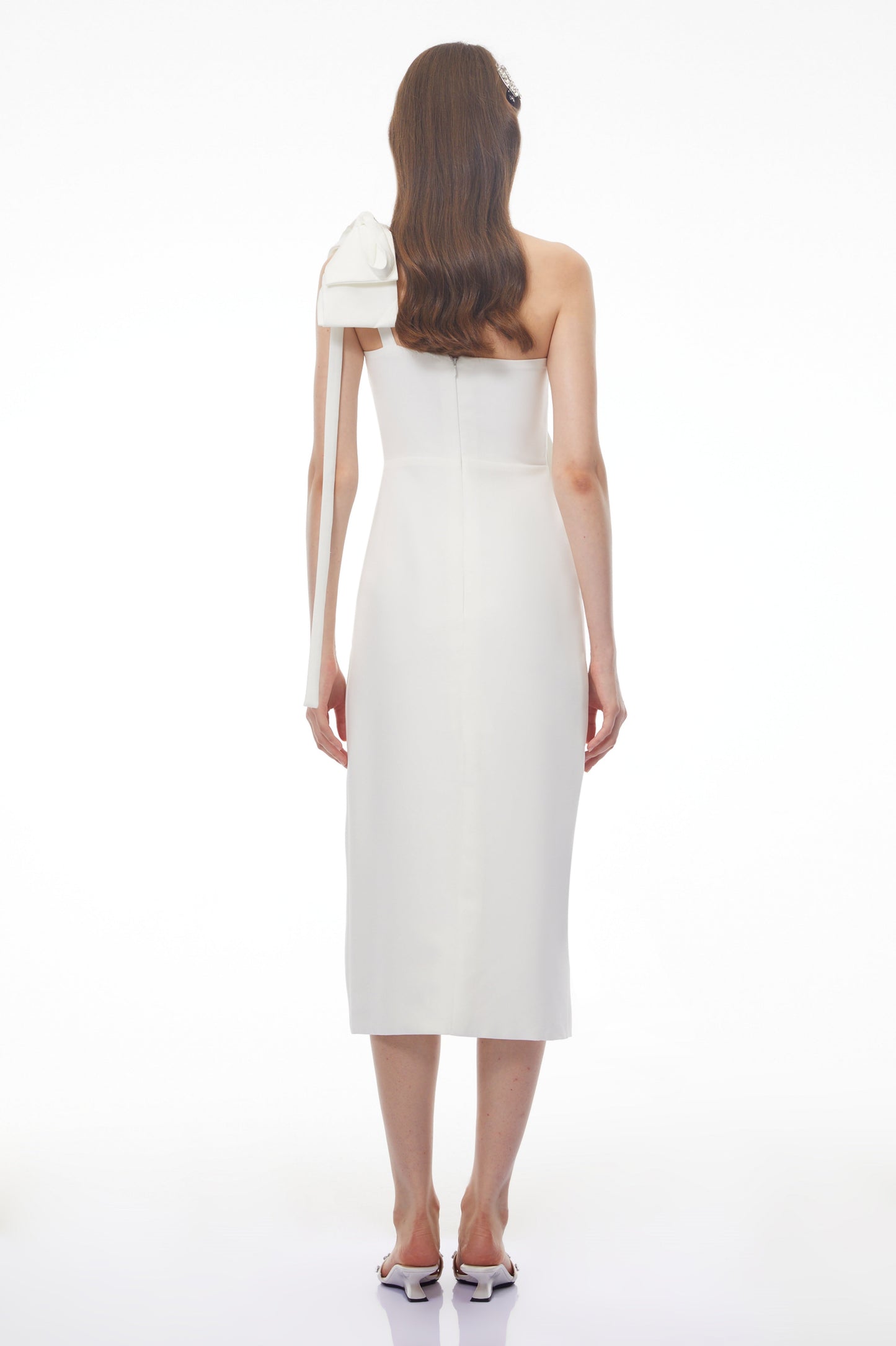 Estelle White Off Shoulder Satin Midi Dress with Bow
