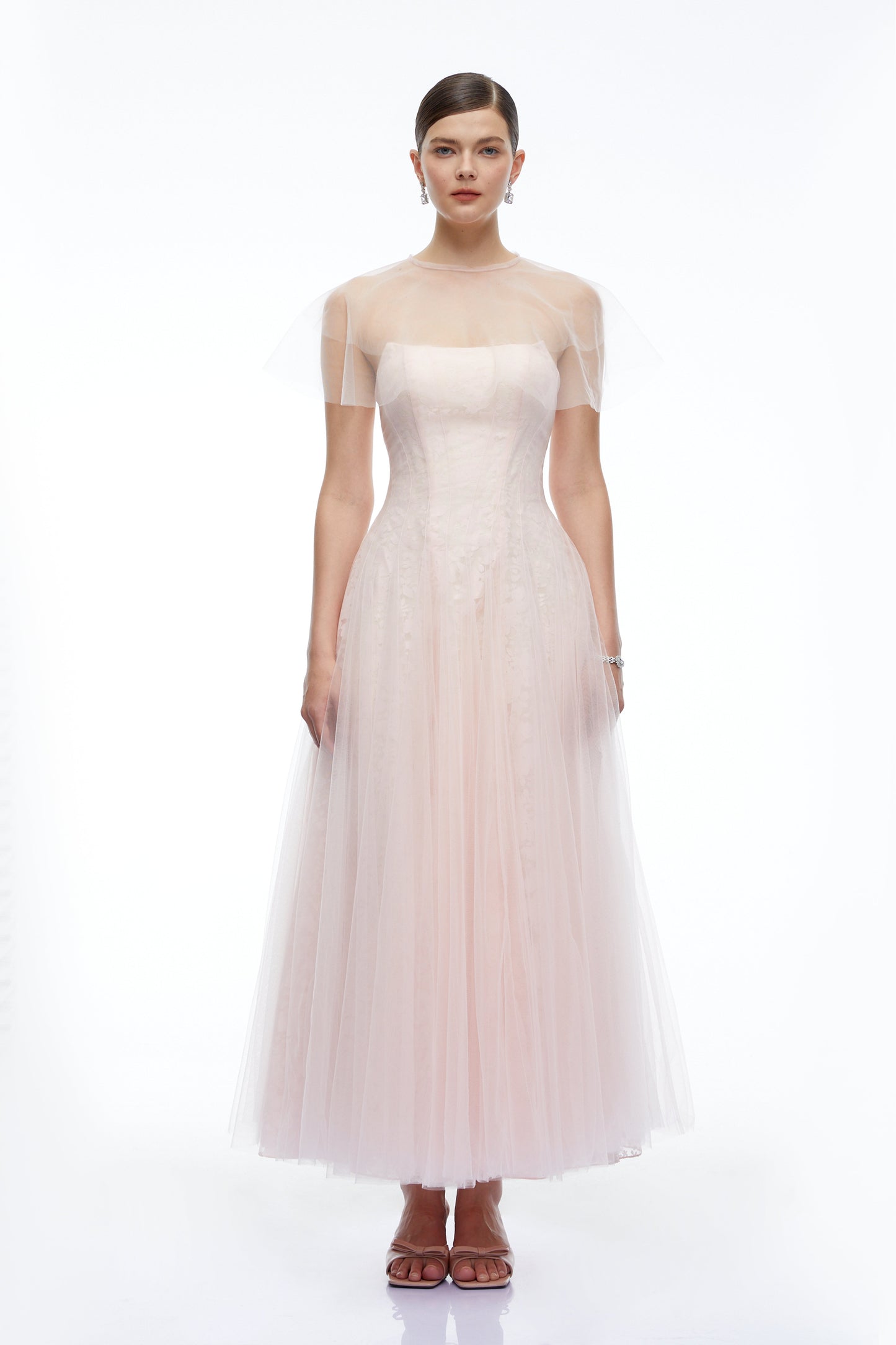 Eulalie Pink Tulle Maxi Dress With Shawl