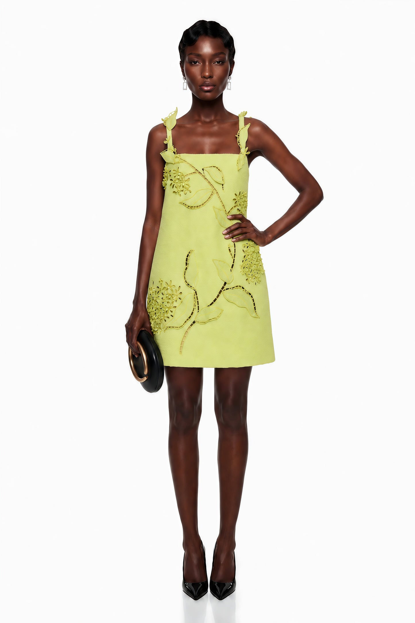 Eunice Chartreuse Floral Applique Mini Dress
