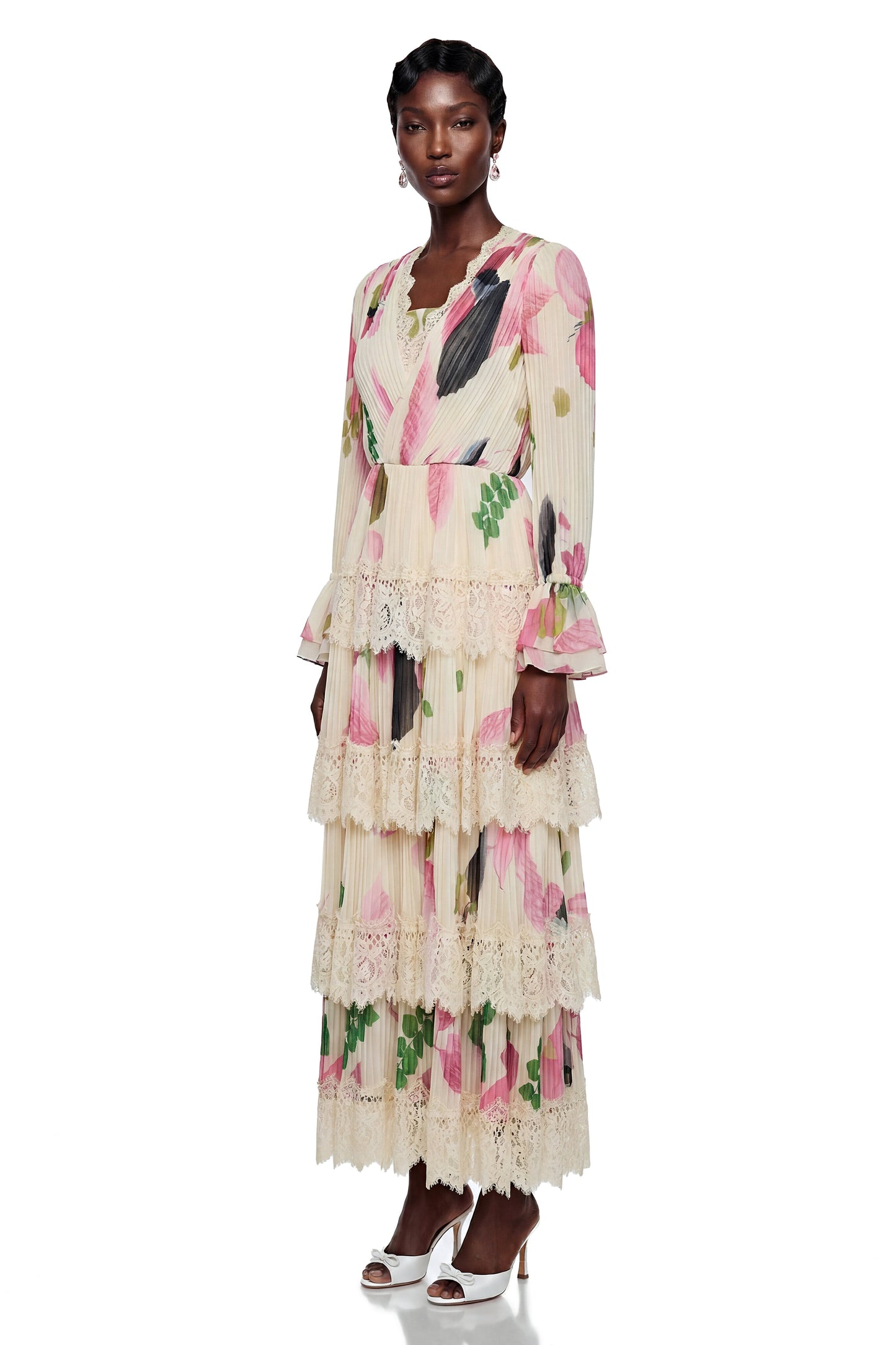 Farnaz Cream Floral Print Maxi Dress with Lace Trim