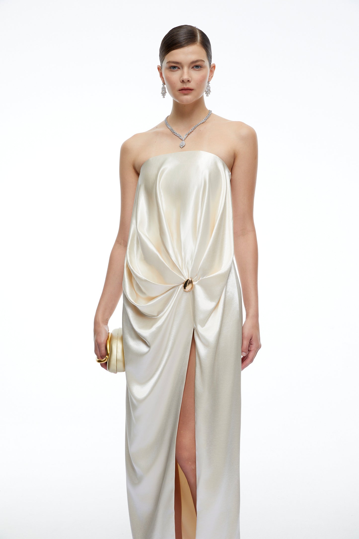 Faustine Champagne Satin Strapless Maxi Dress with Slit